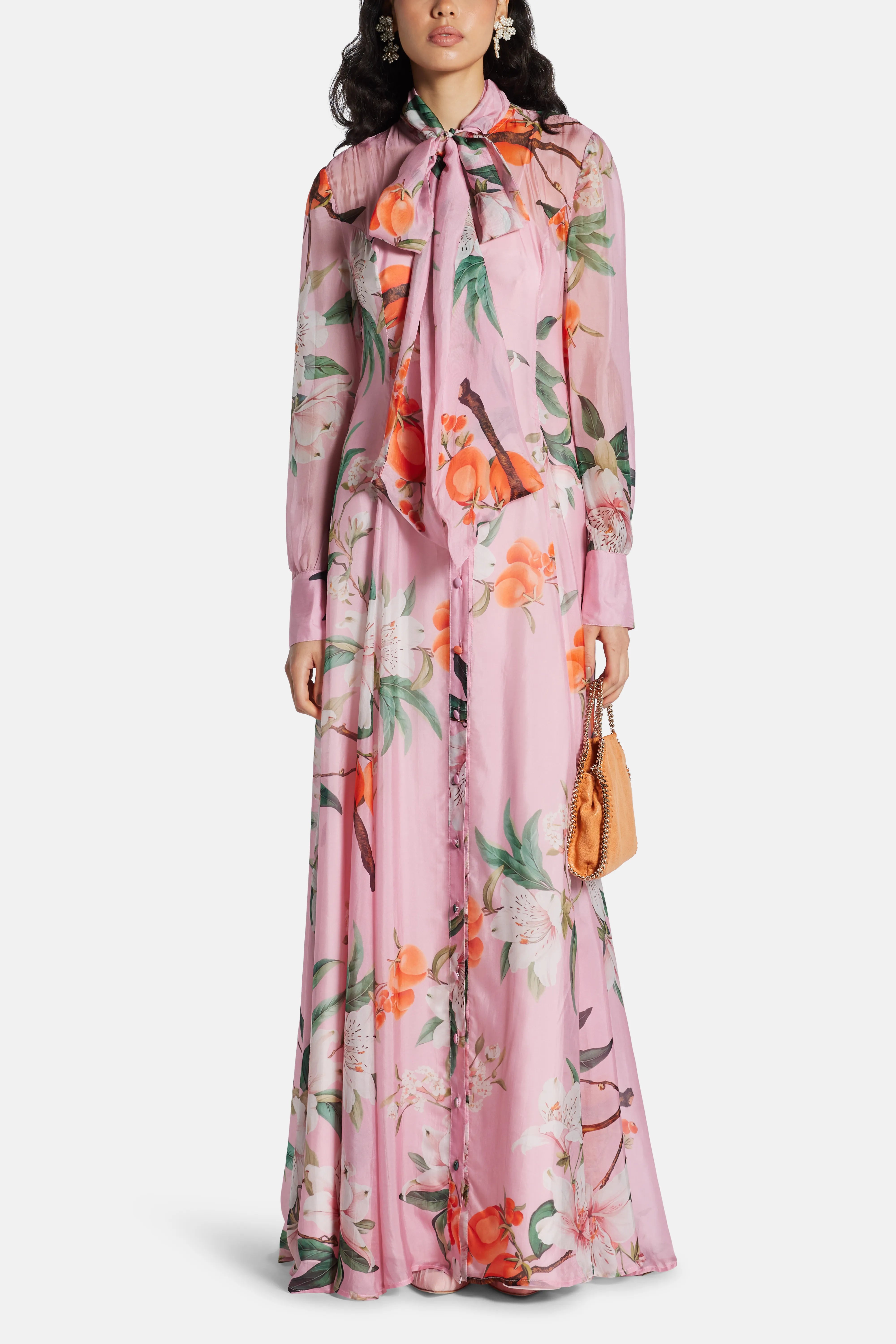 Lilith Tie Neck Floral Slik Maxi Dress In Pink