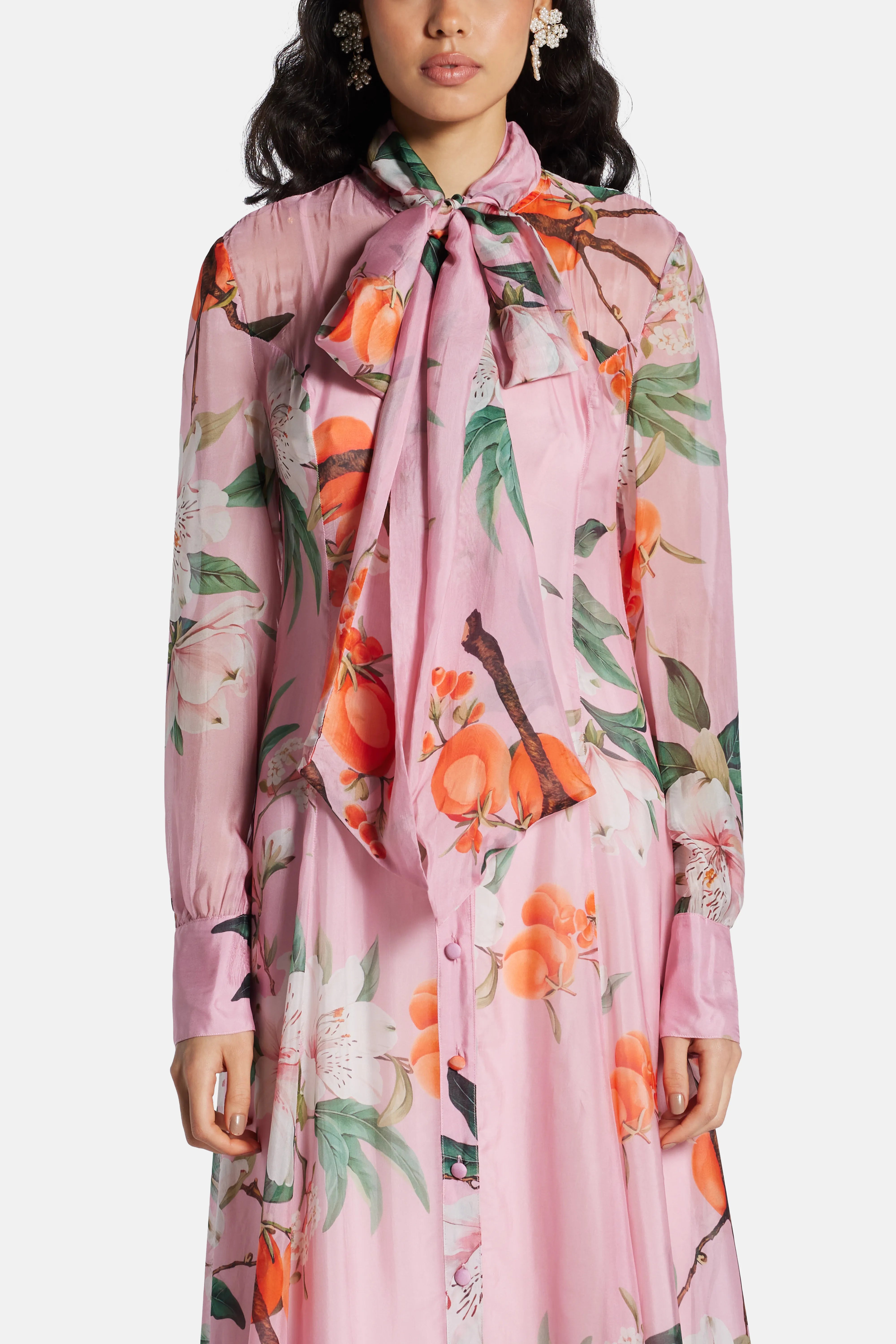 Lilith Tie Neck Floral Slik Maxi Dress In Pink