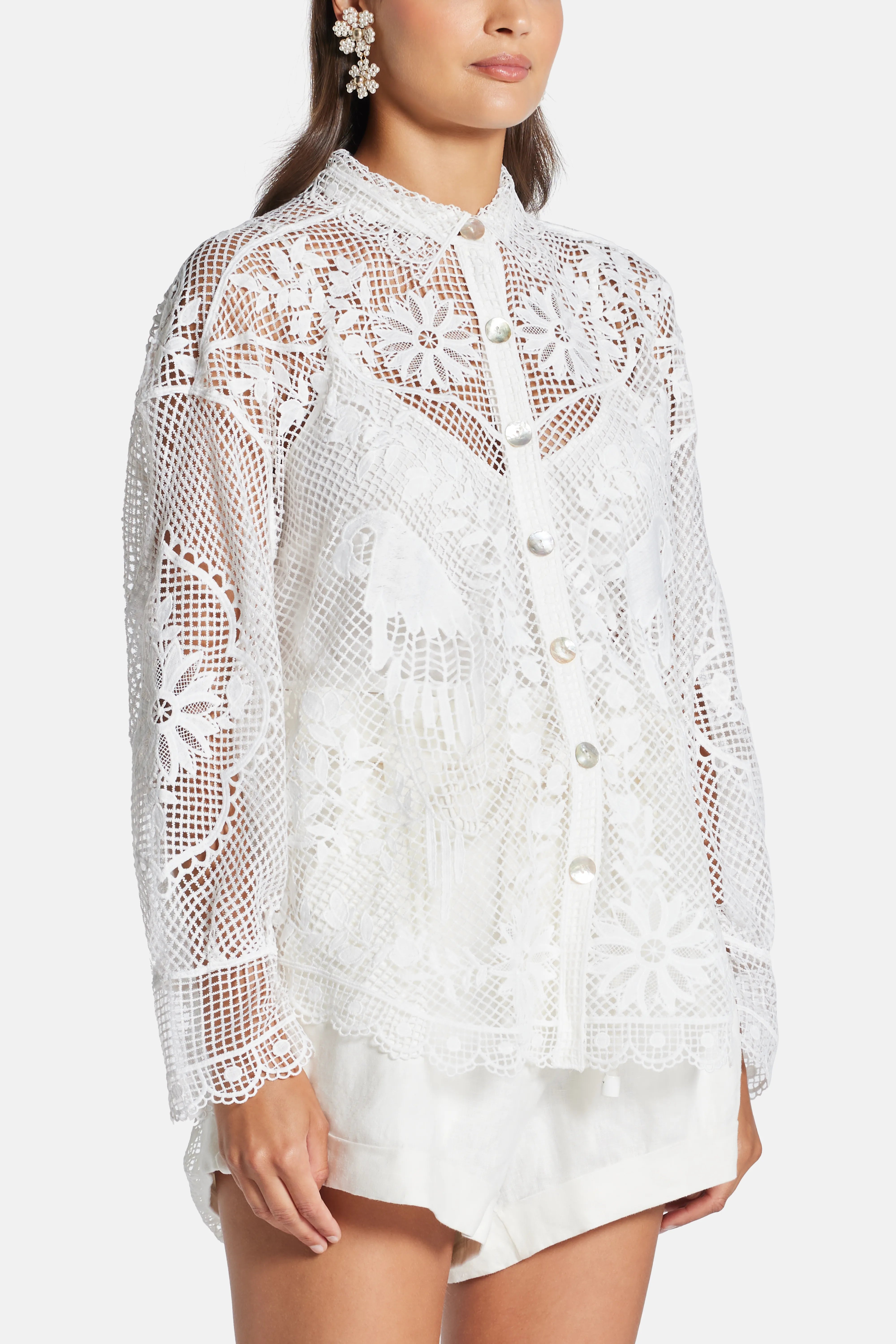 Landscape Guipure Sheer Shirt In White