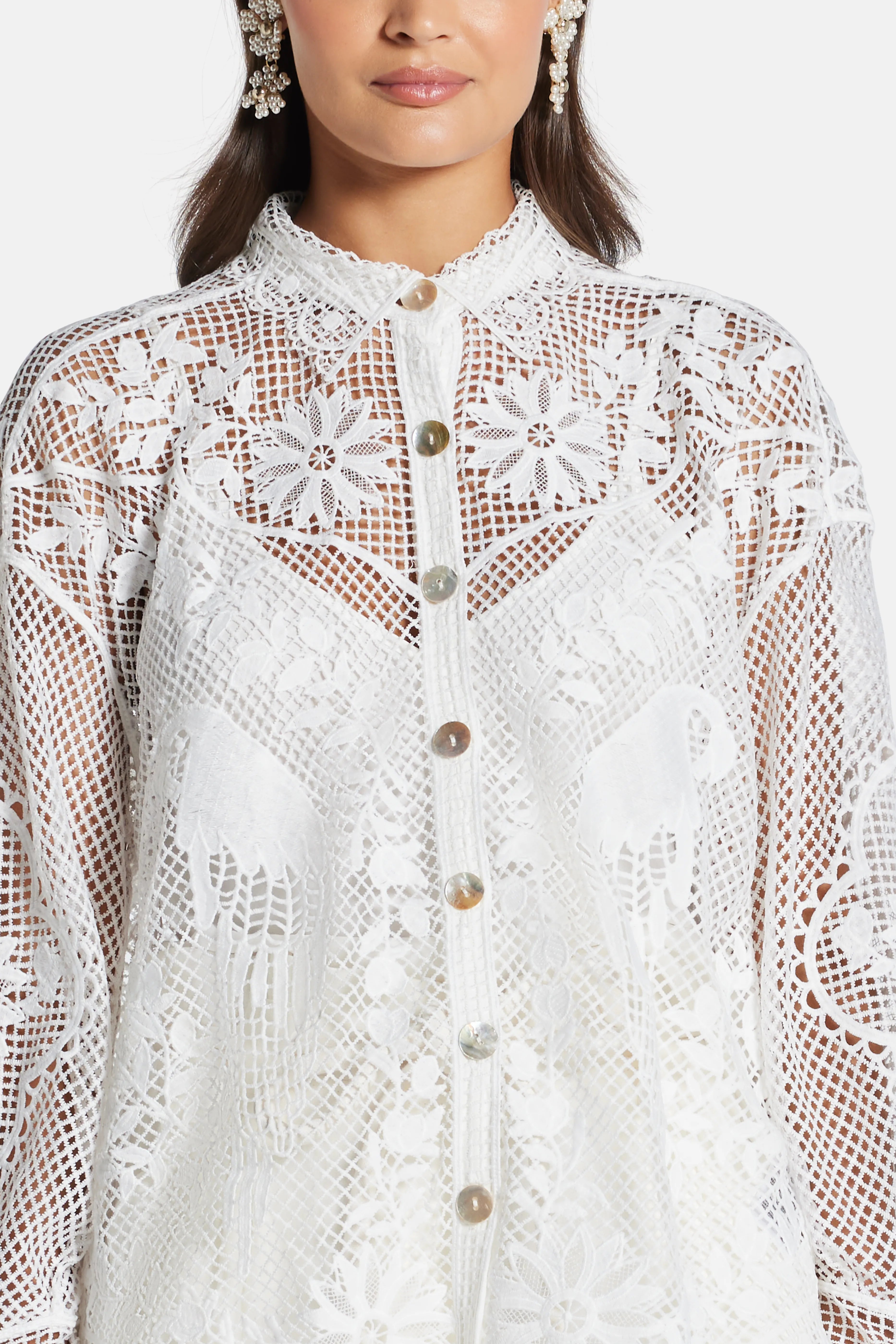 Landscape Guipure Sheer Shirt In White