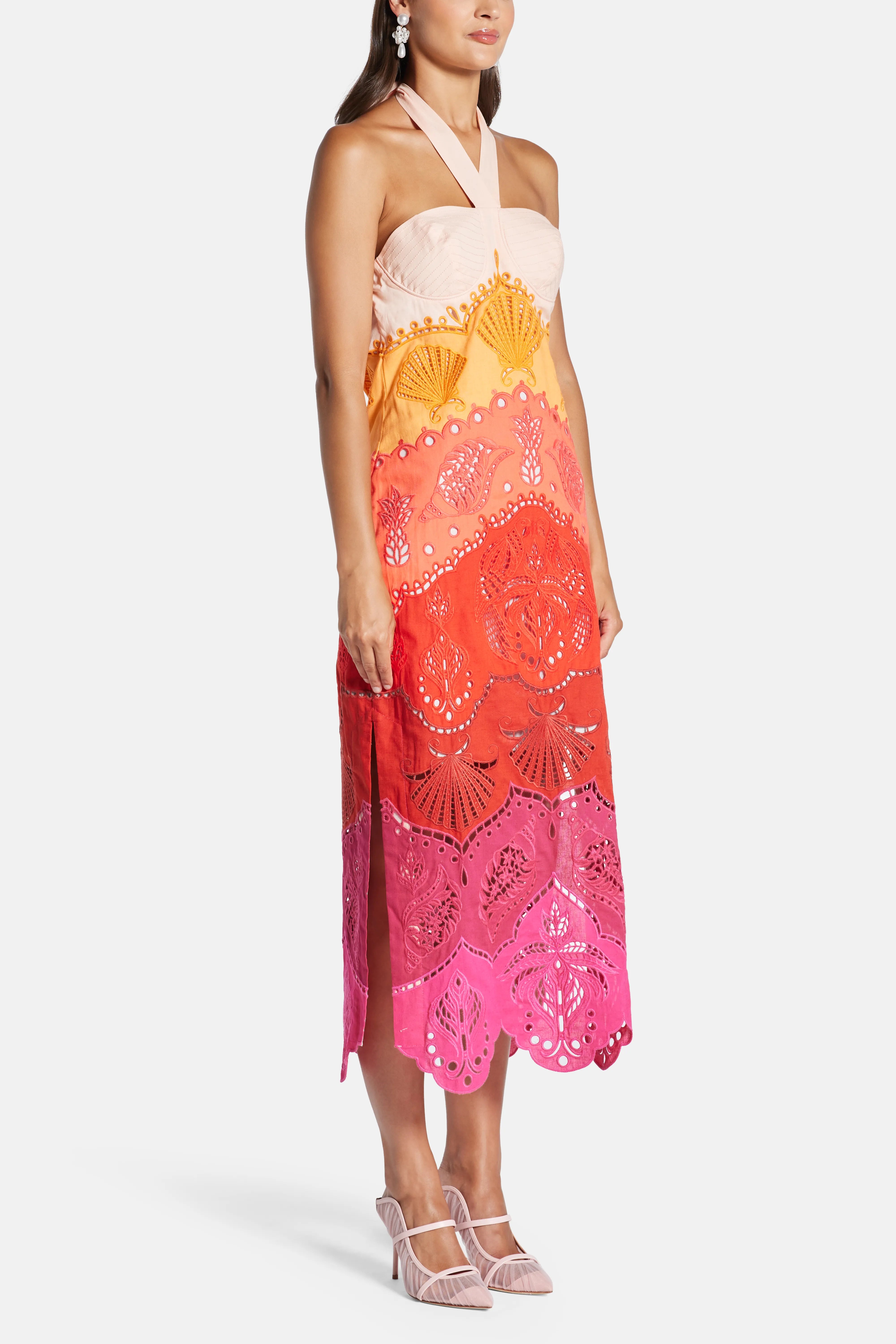 Summer Gradient Richelieu Ombre Halter Neck Linen Midi Dress In Orange