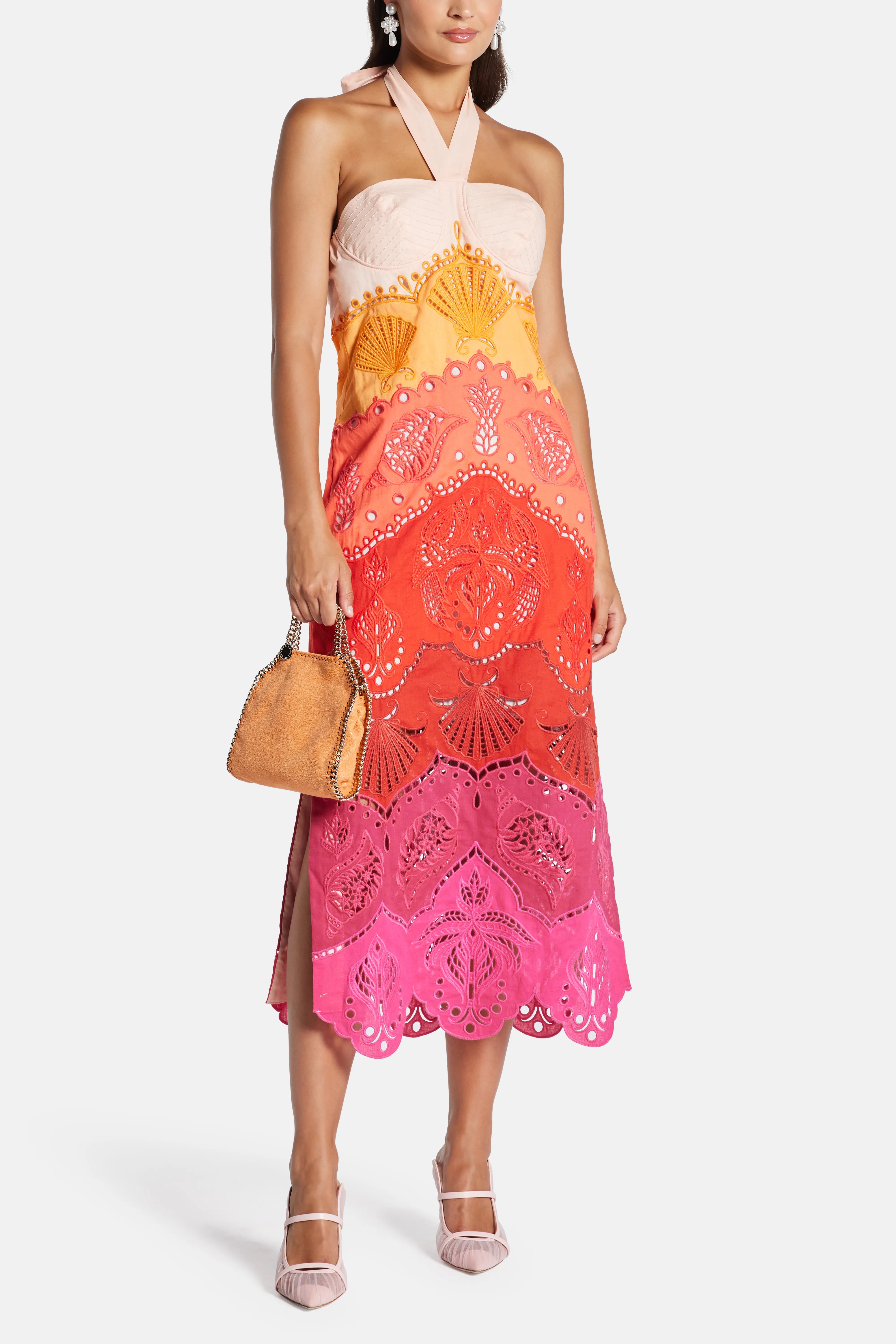 Summer Gradient Richelieu Ombre Halter Neck Linen Midi Dress In Orange
