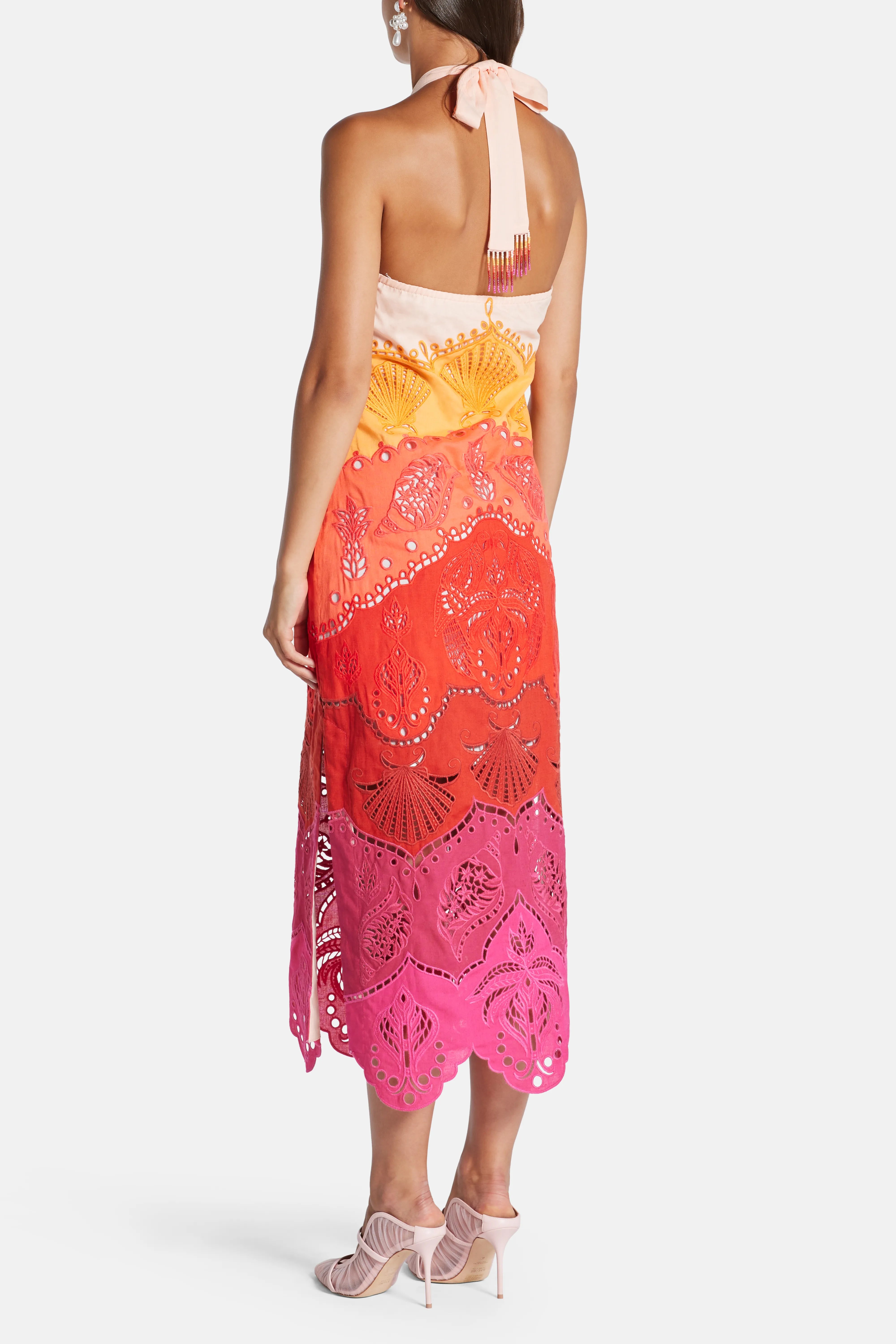 Summer Gradient Richelieu Ombre Halter Neck Linen Midi Dress In Orange
