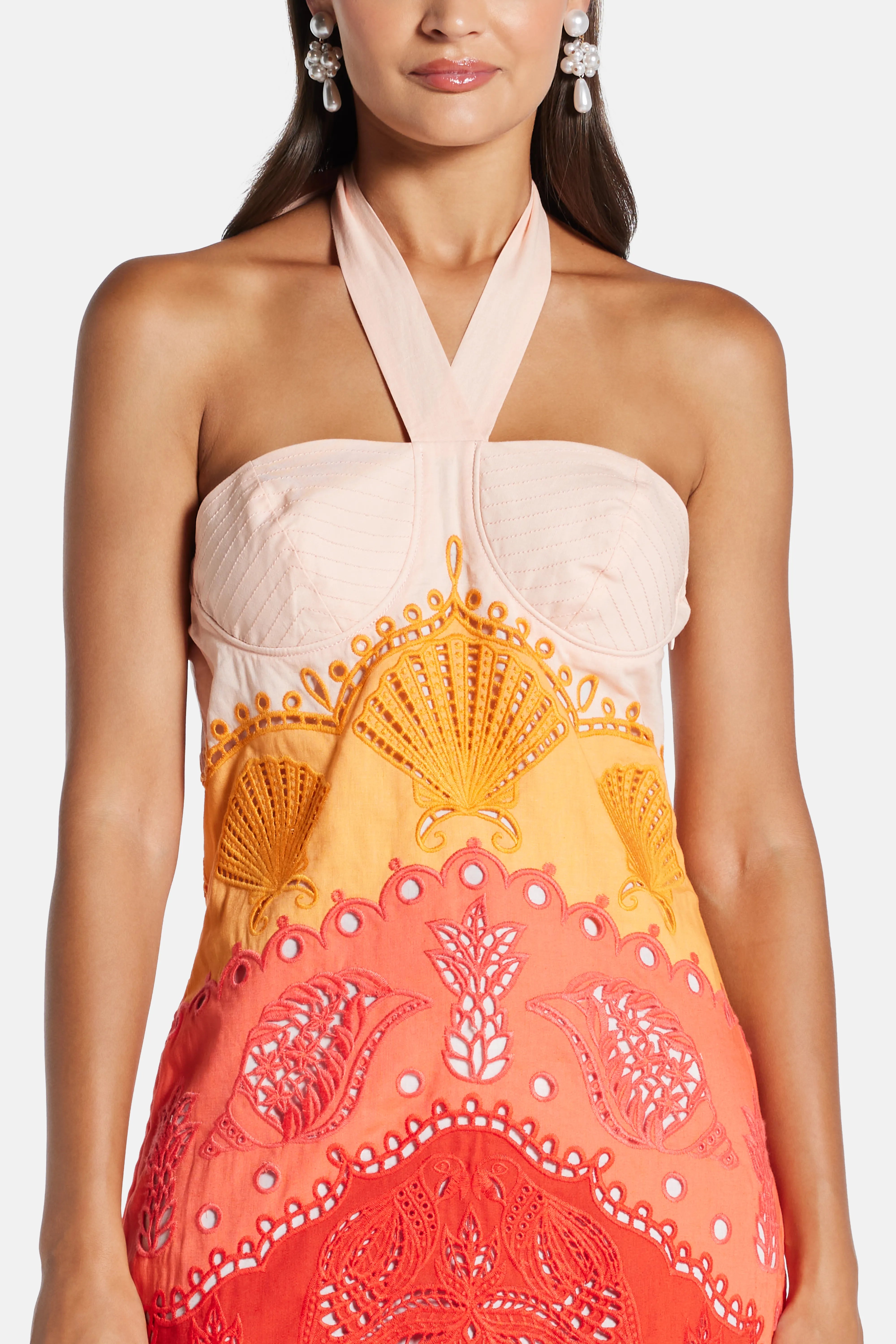 Summer Gradient Richelieu Ombre Halter Neck Linen Midi Dress In Orange