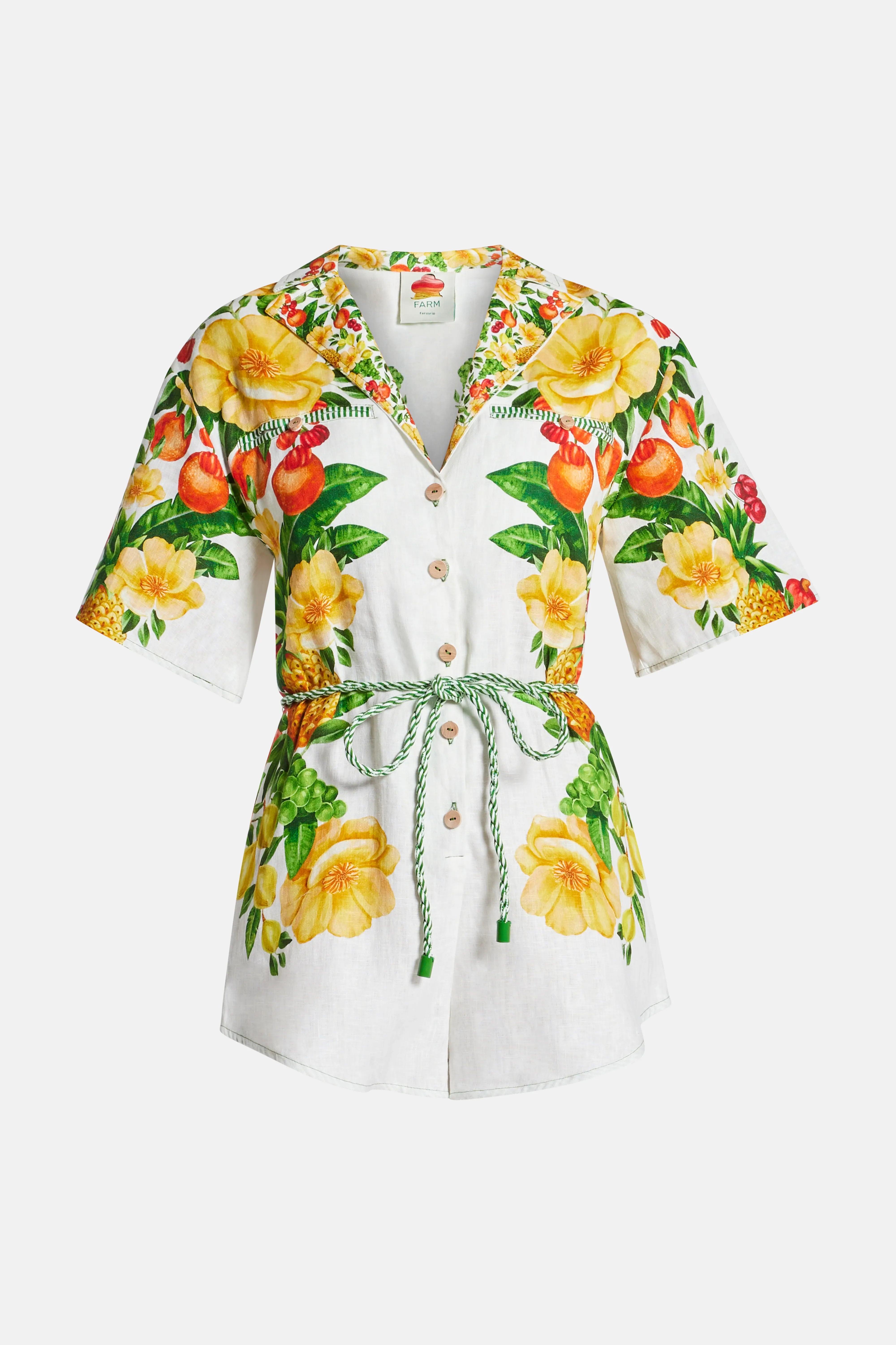 Picnic Flowers Buttoned Top Belted Linen Romper In White