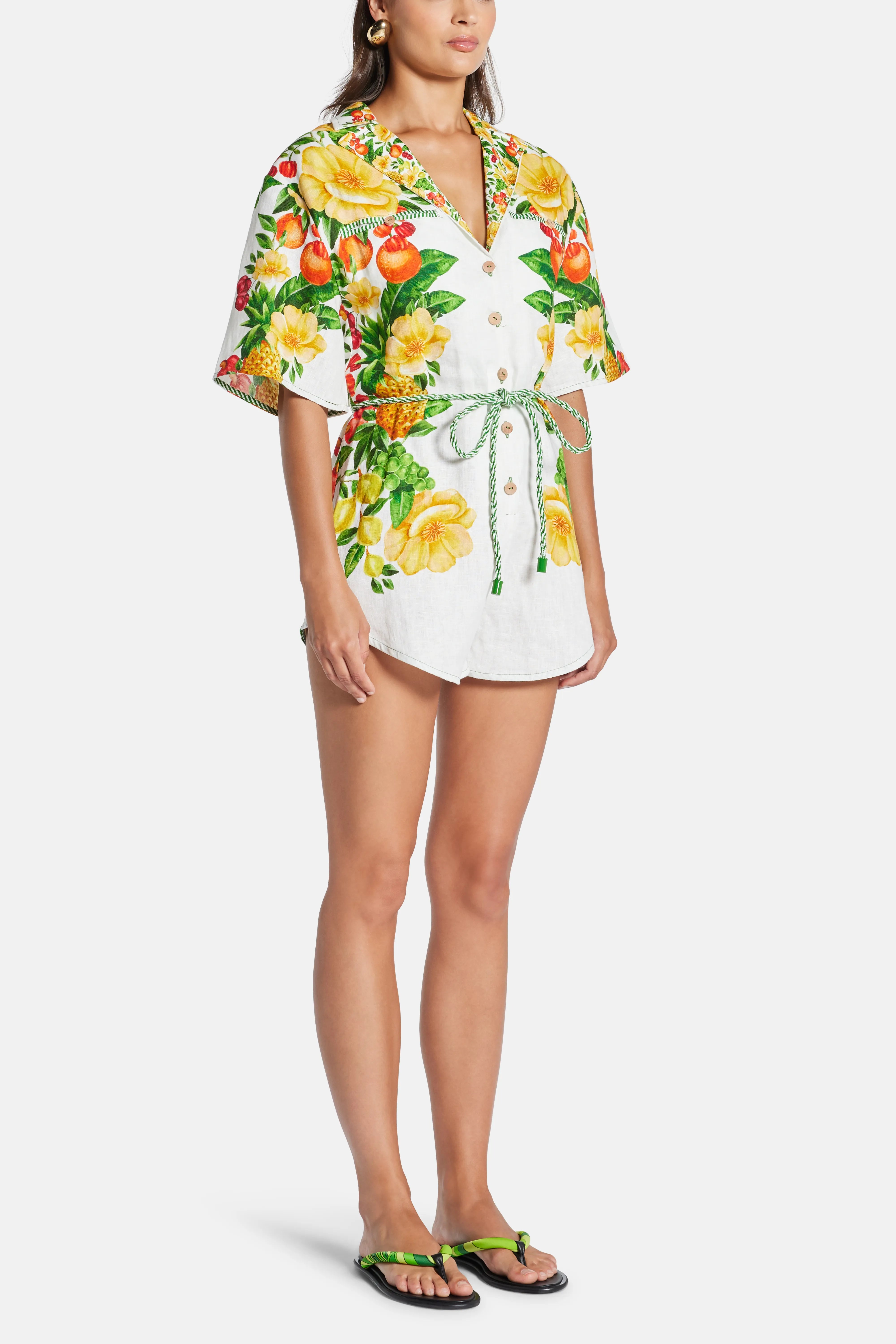 Picnic Flowers Buttoned Top Belted Linen Romper In White
