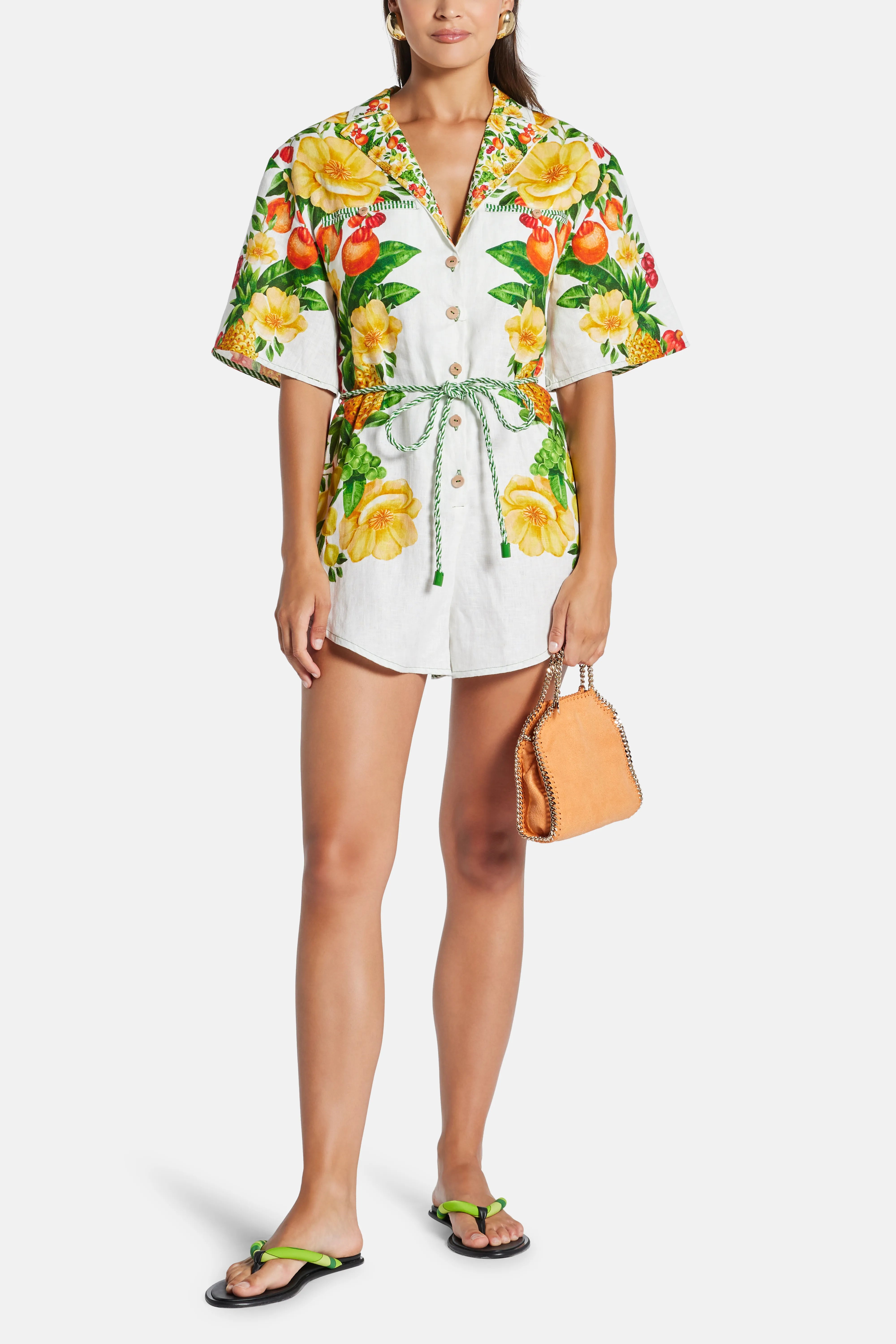 Picnic Flowers Buttoned Top Belted Linen Romper In White
