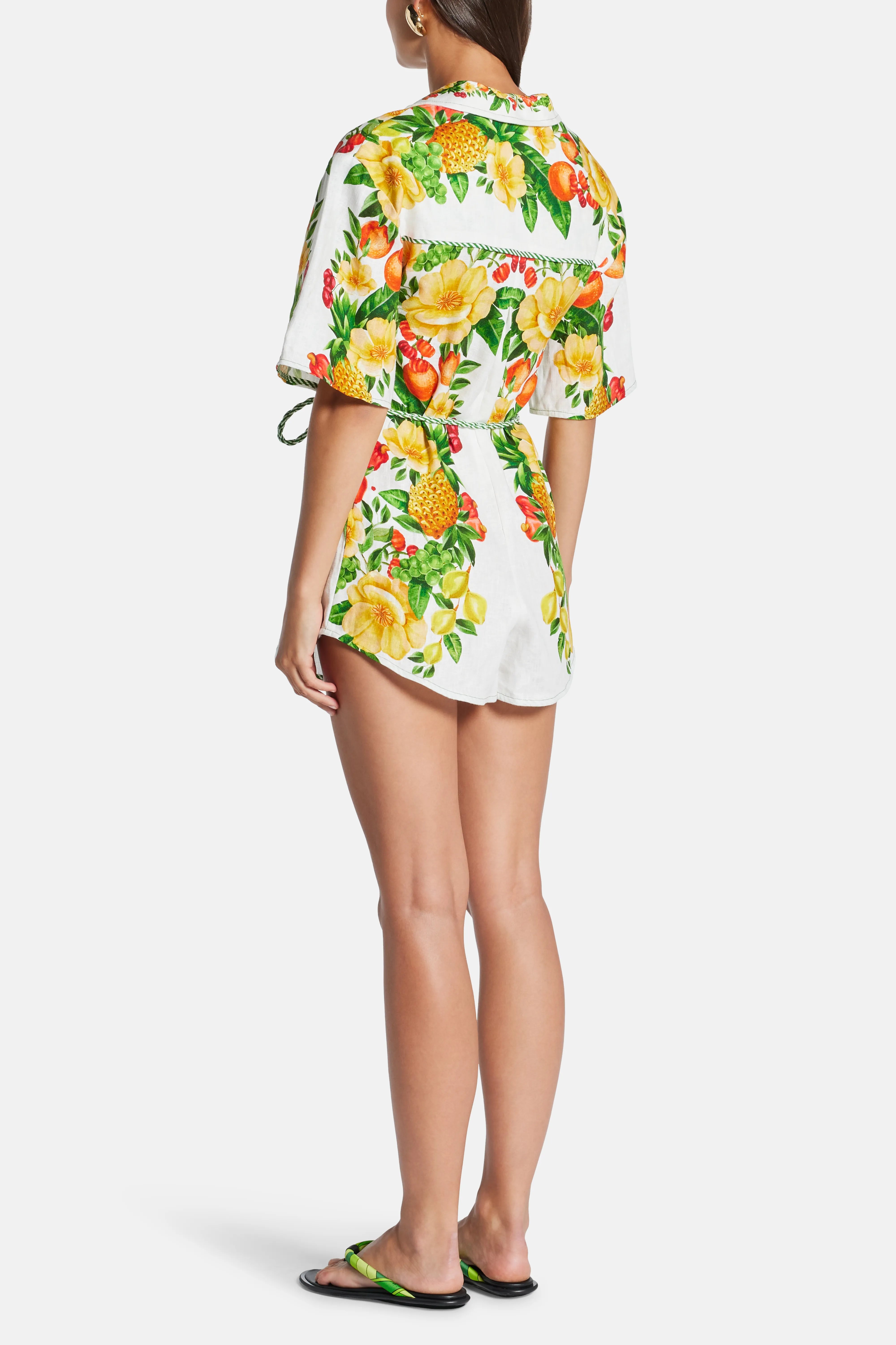 Picnic Flowers Buttoned Top Belted Linen Romper In White