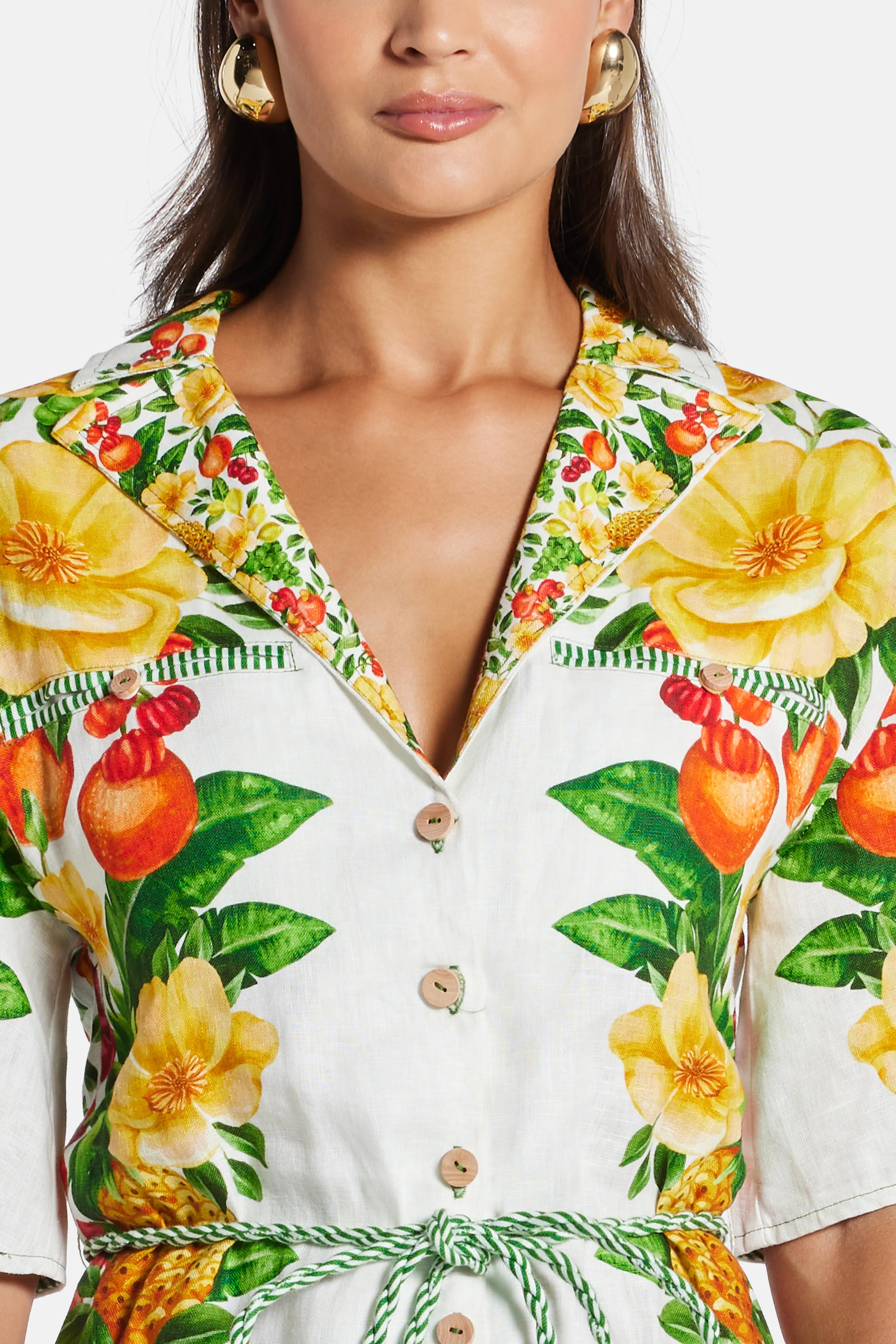 Picnic Flowers Buttoned Top Belted Linen Romper In White