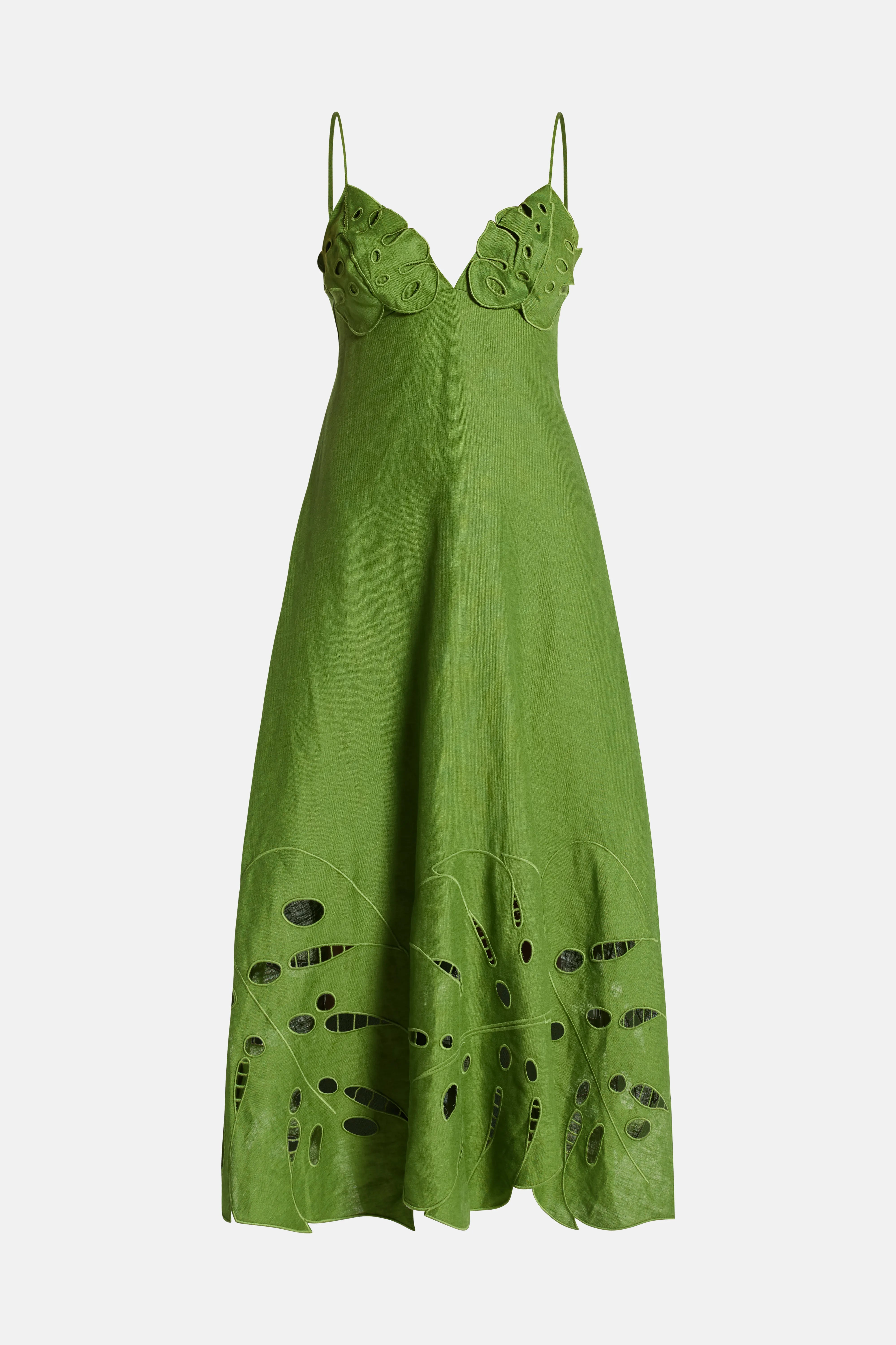 Monstera Embroidery Sleeveless Linen Midi Dress In Green