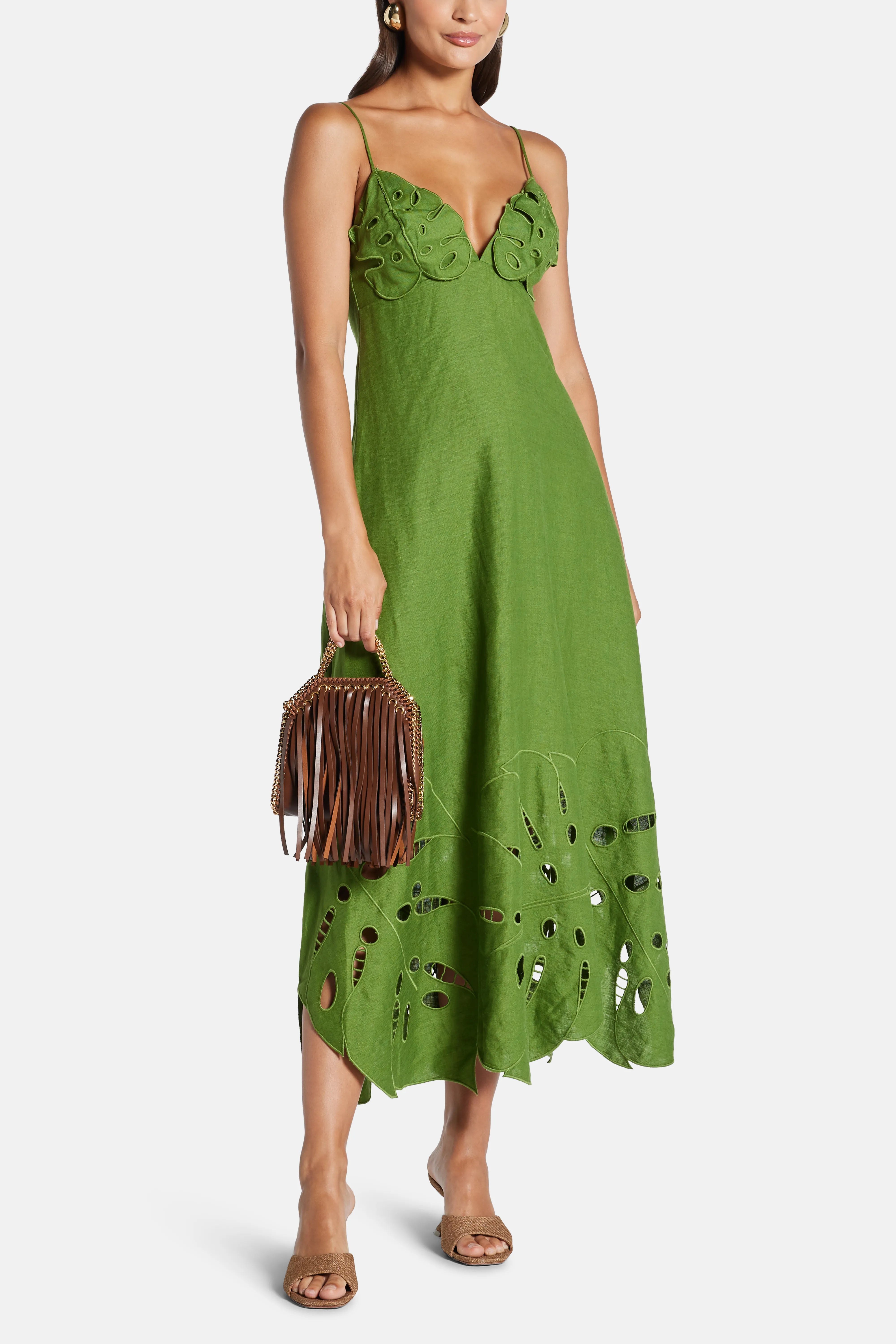 Monstera Embroidery Sleeveless Linen Midi Dress In Green