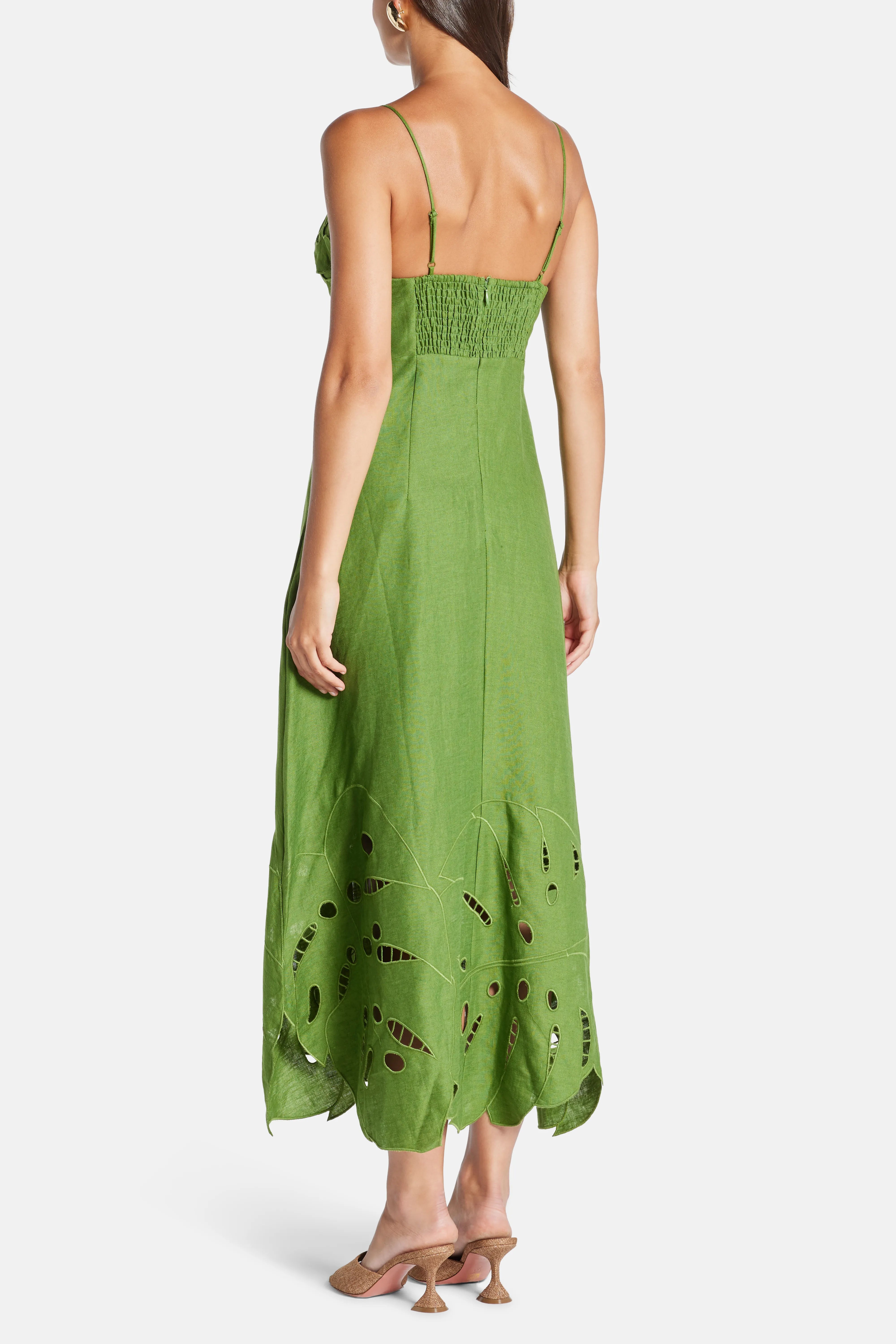 Monstera Embroidery Sleeveless Linen Midi Dress In Green