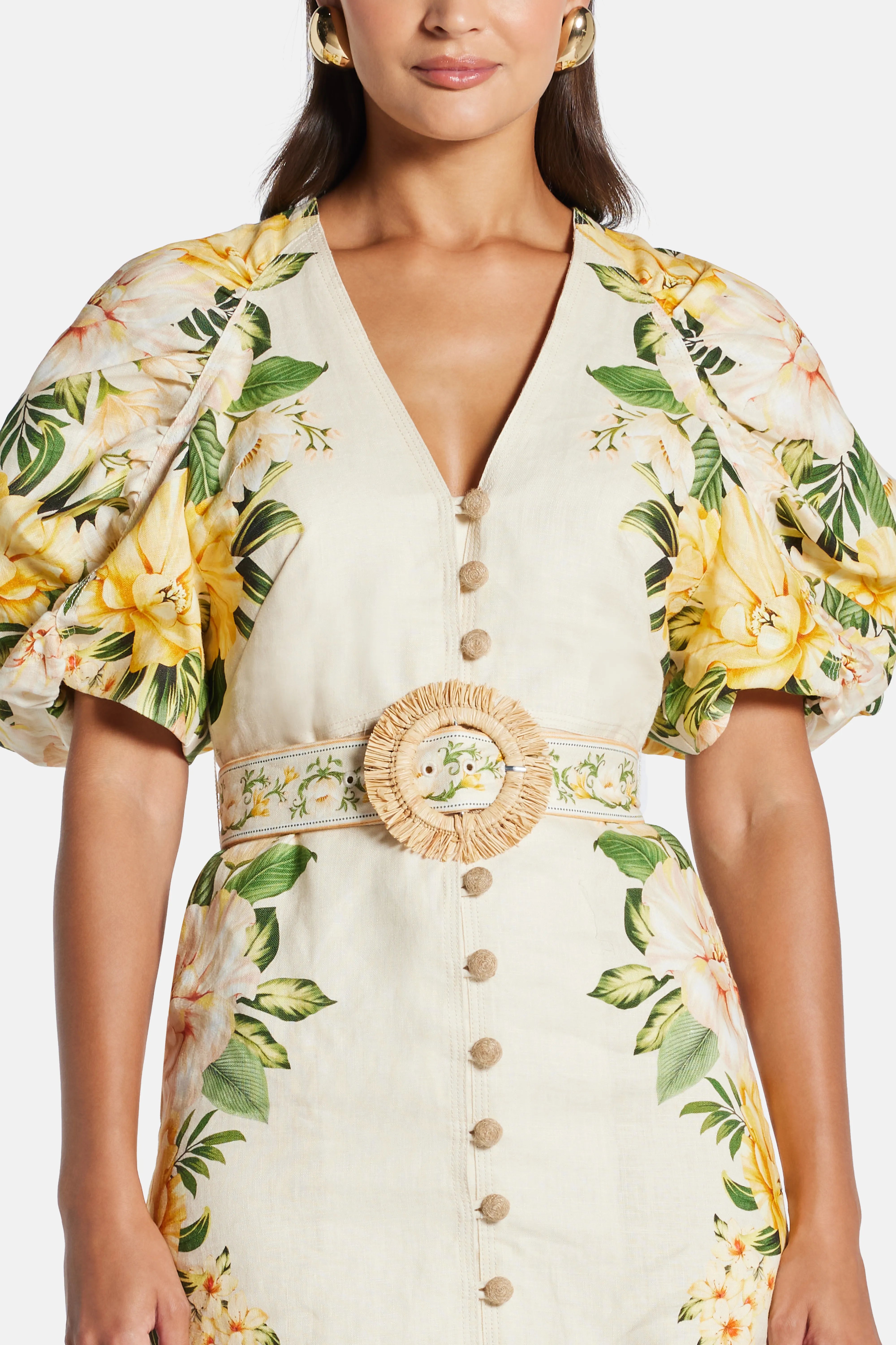 Garden Cascade Floral Puff Sleeves Belted Linen Mini Dress In White