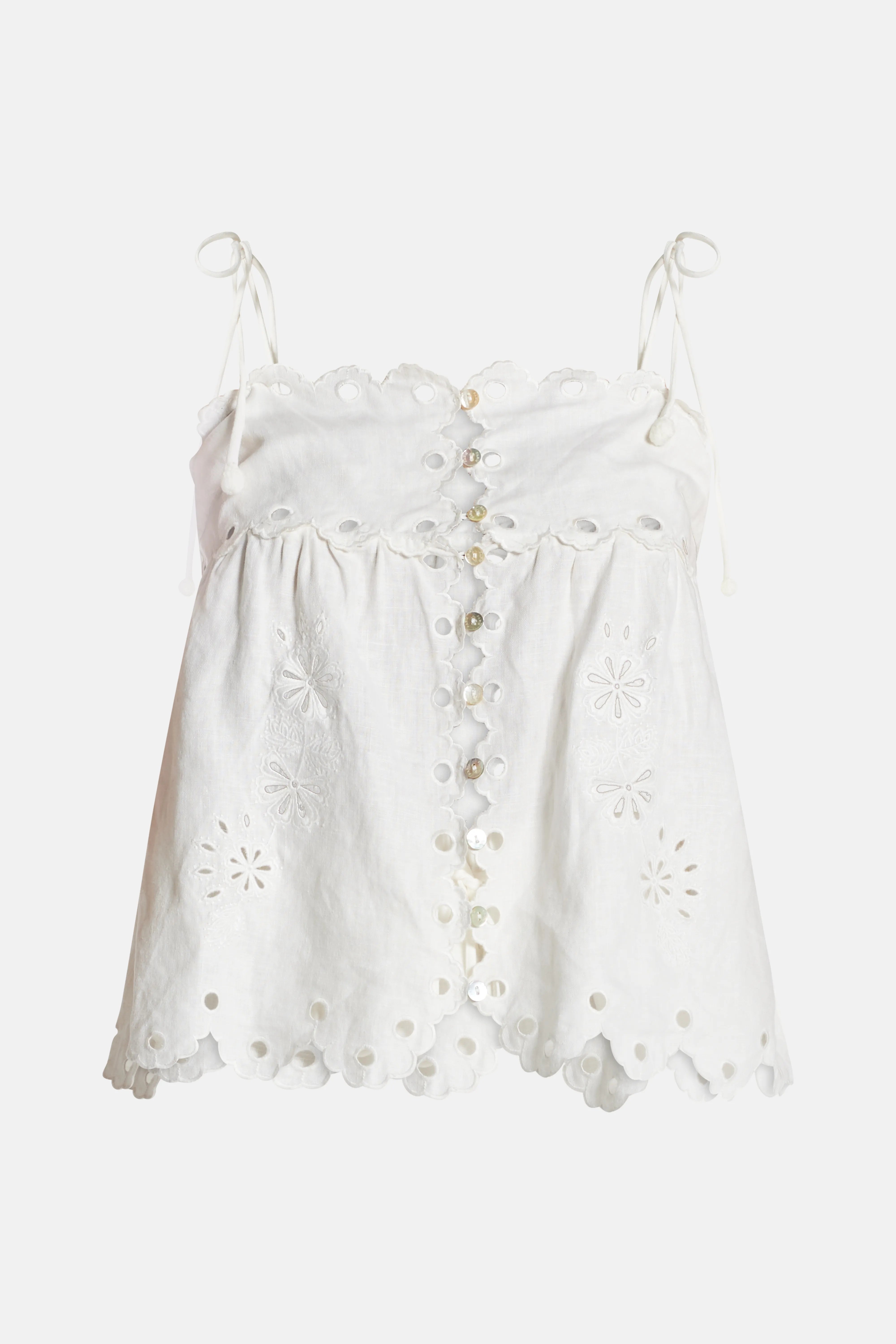Flowers Richelieu Sleeveless Linen Blouse In White