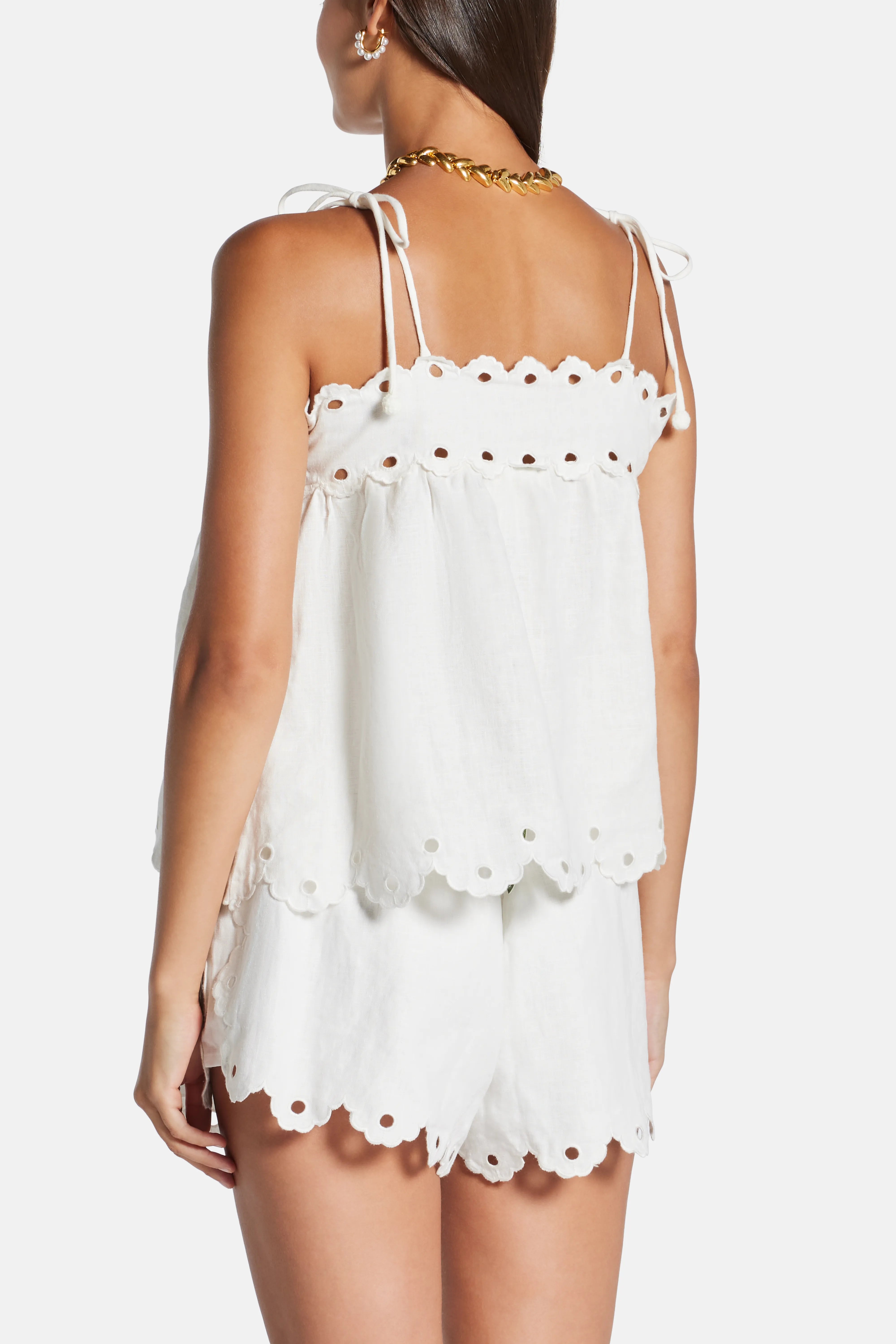 Flowers Richelieu Sleeveless Linen Blouse In White