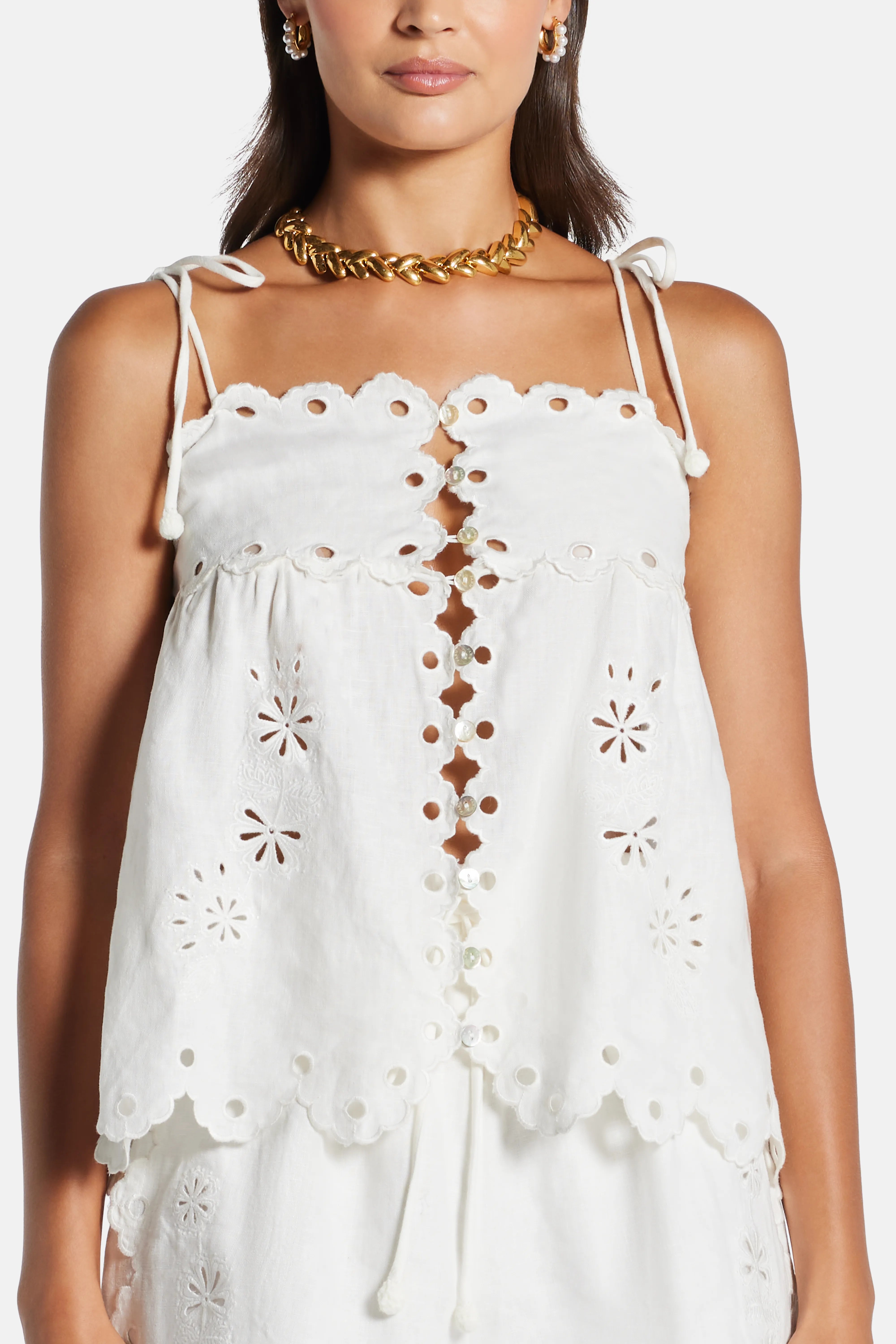 Flowers Richelieu Sleeveless Linen Blouse In White