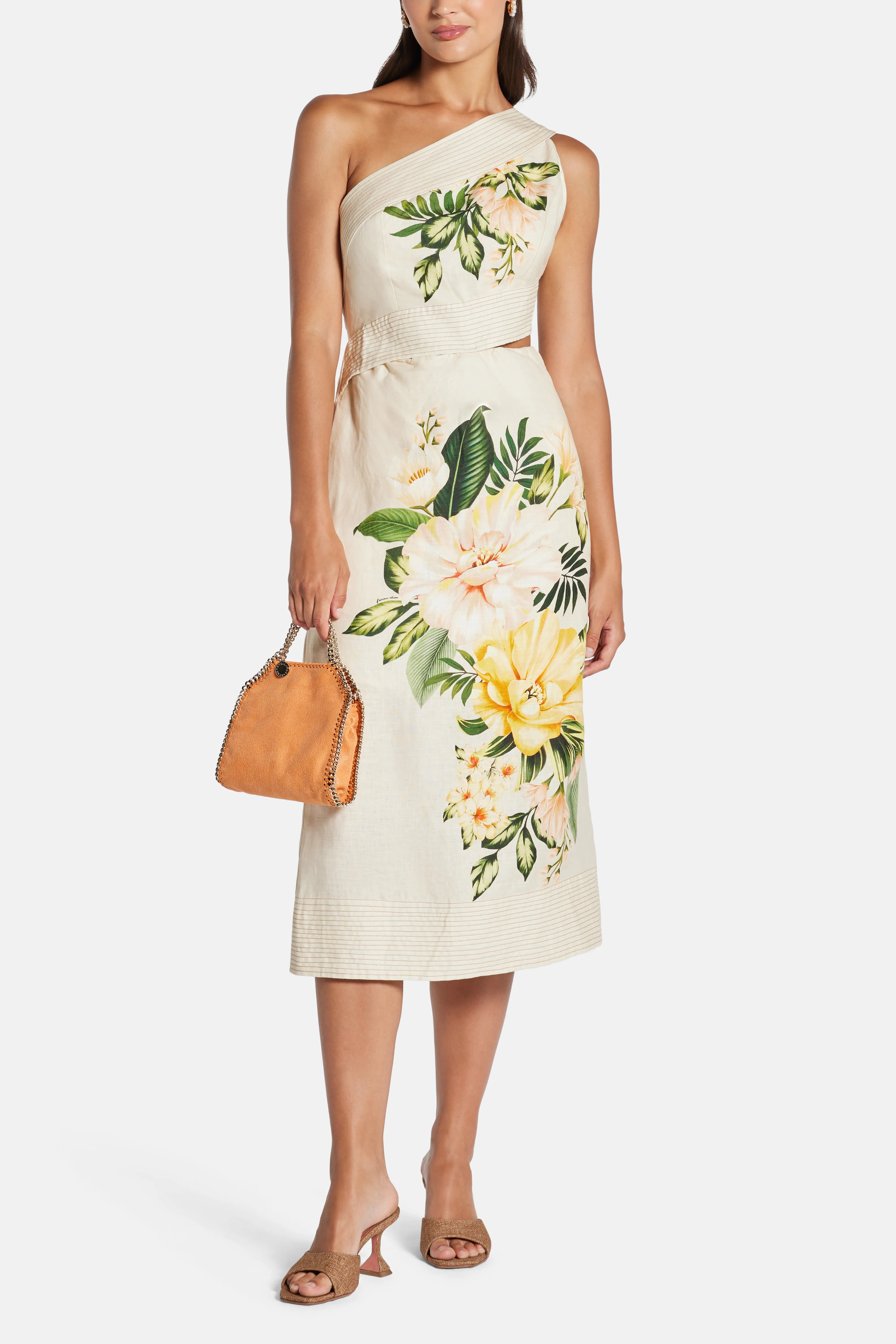Garden Cascade One Shoulder Floral Linen Midi Dress In White
