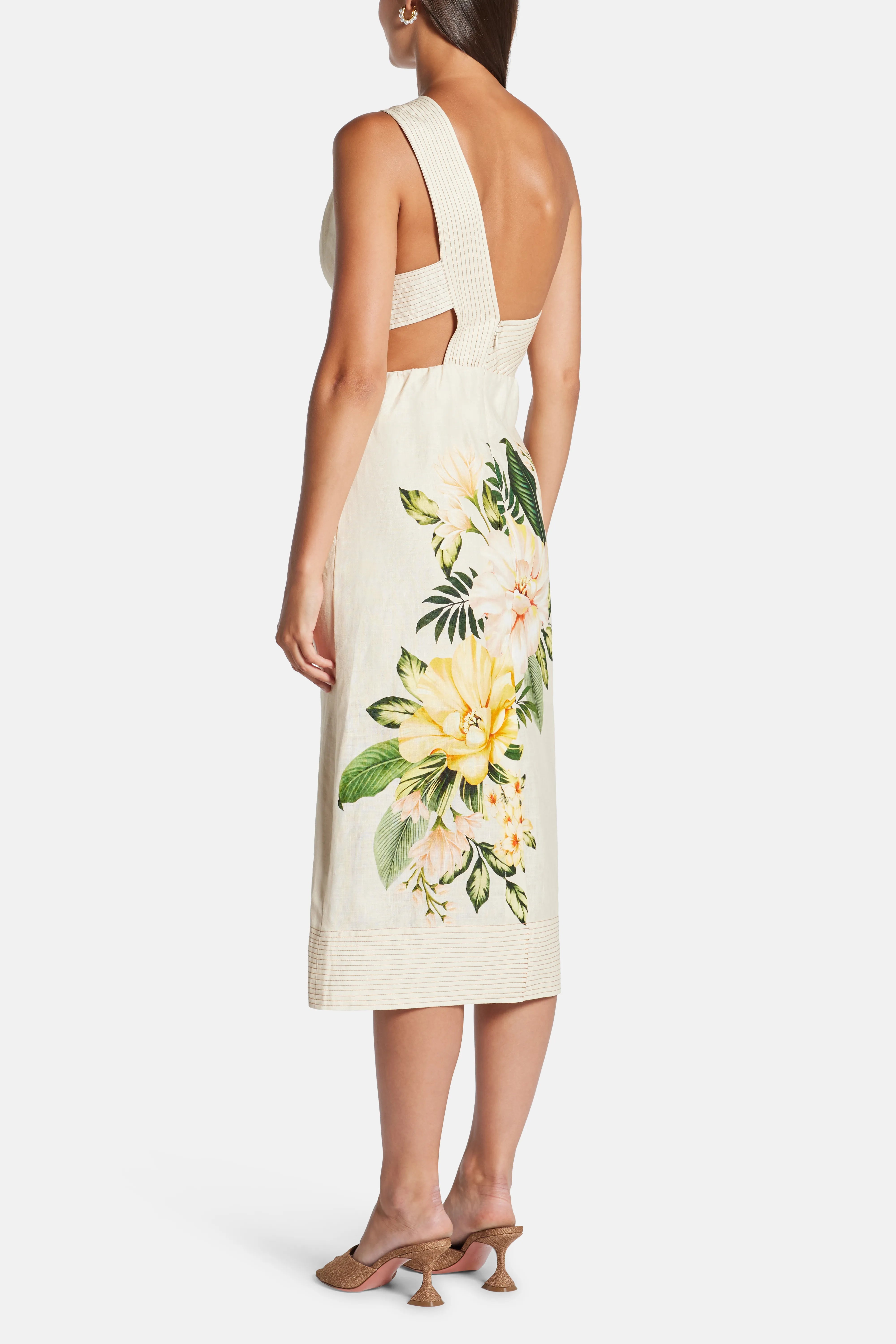Garden Cascade One Shoulder Floral Linen Midi Dress In White