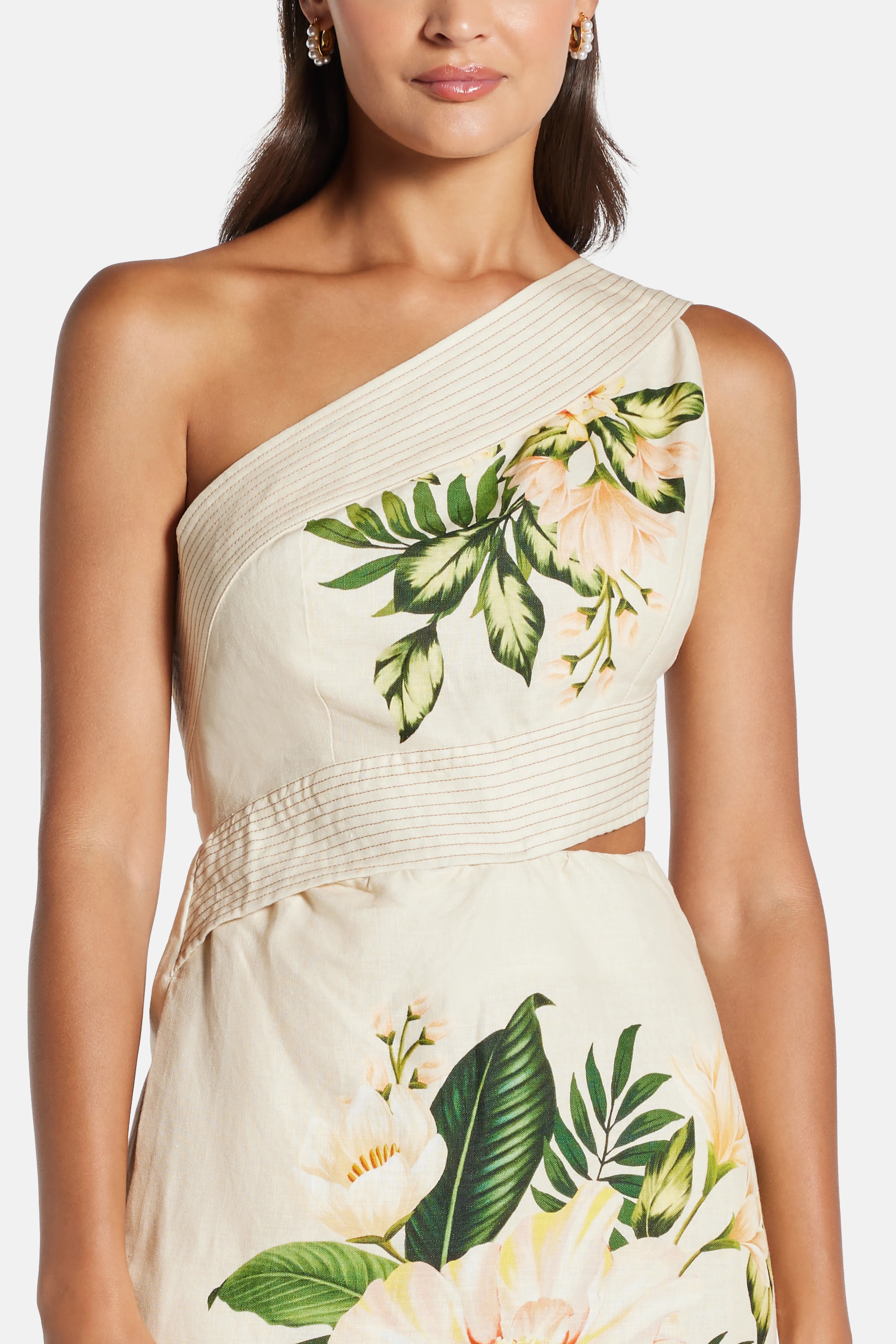 Garden Cascade One Shoulder Floral Linen Midi Dress In White