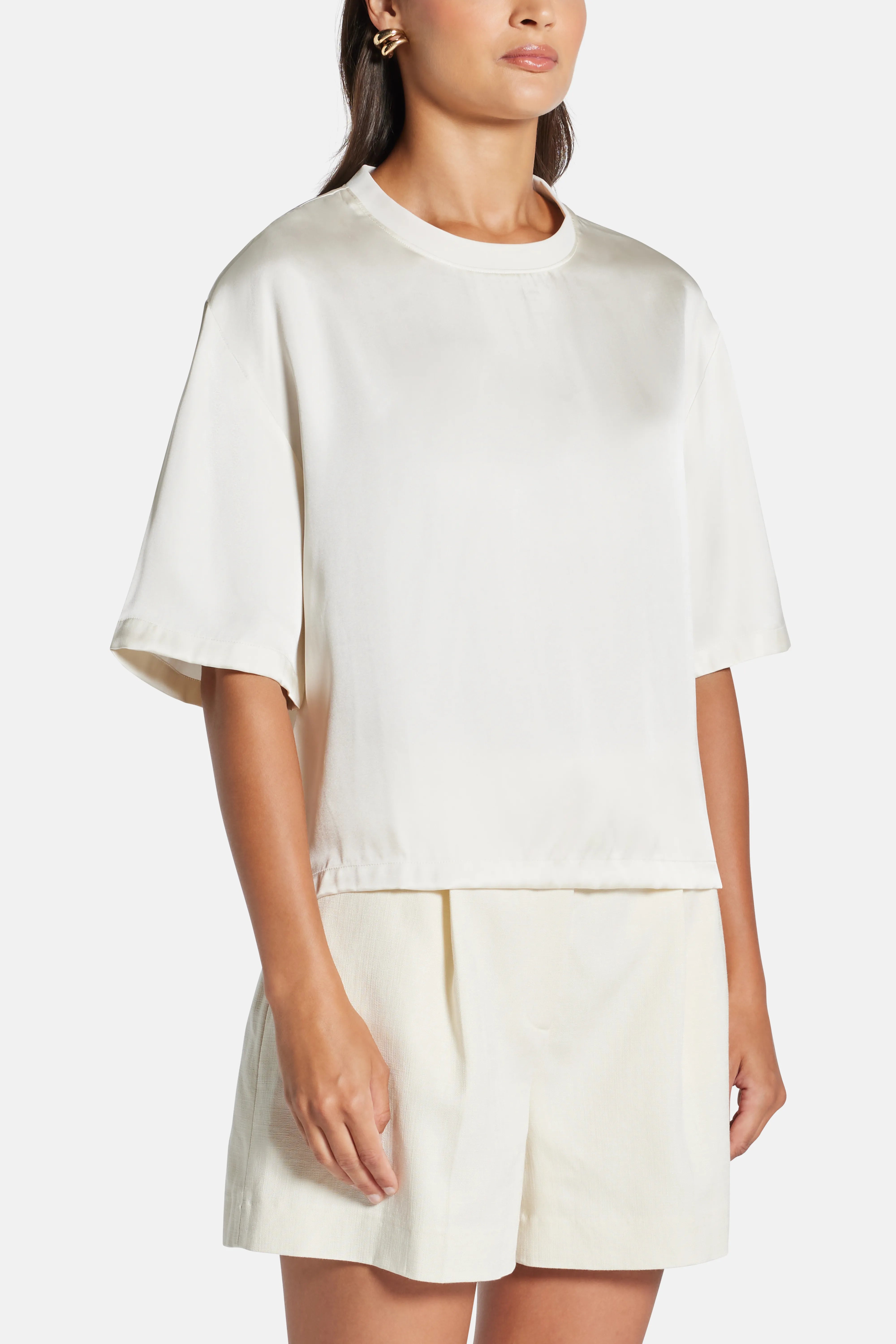 Imogen Round Neck Long Sleeves Silk Top in White