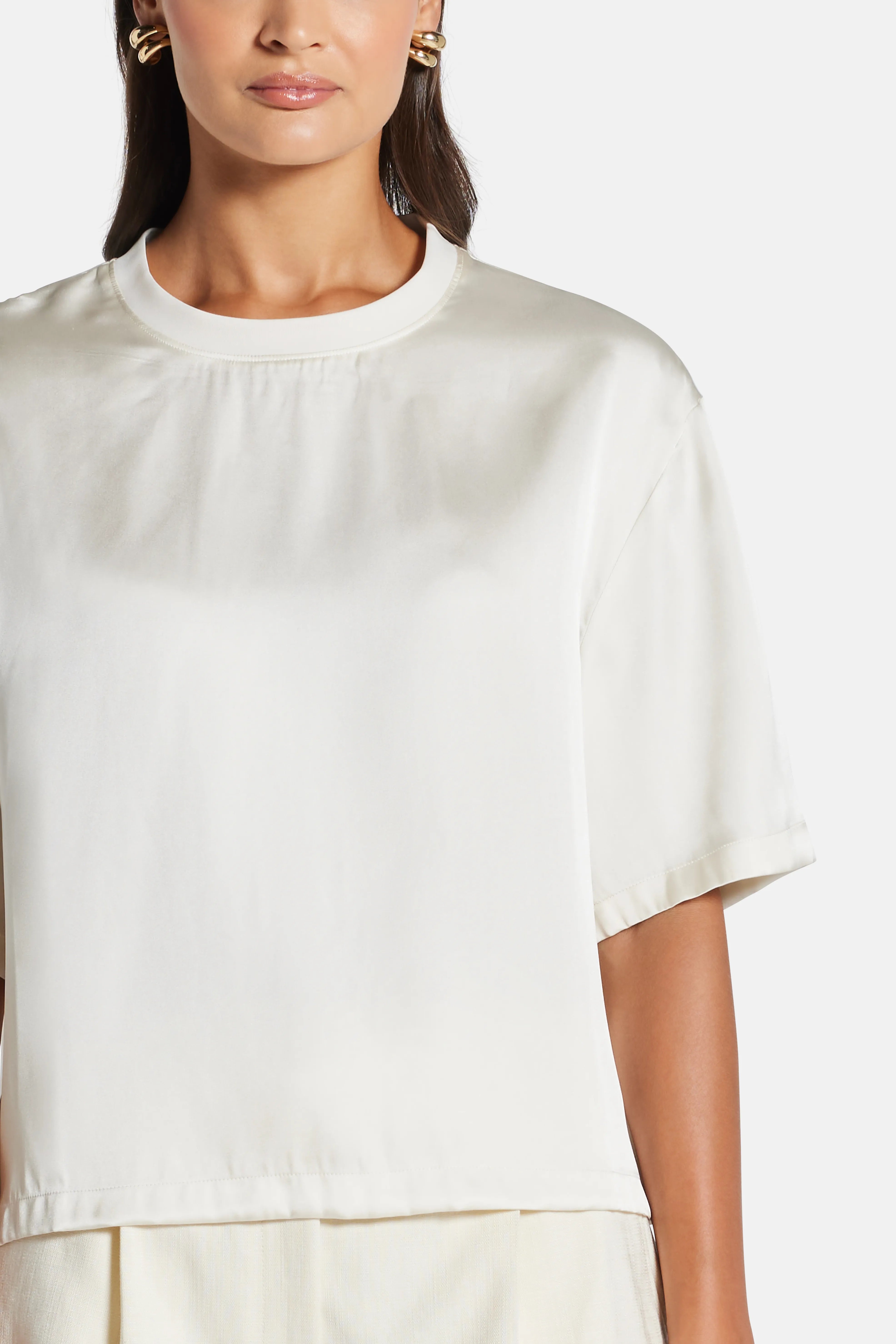 Imogen Round Neck Long Sleeves Silk Top in White