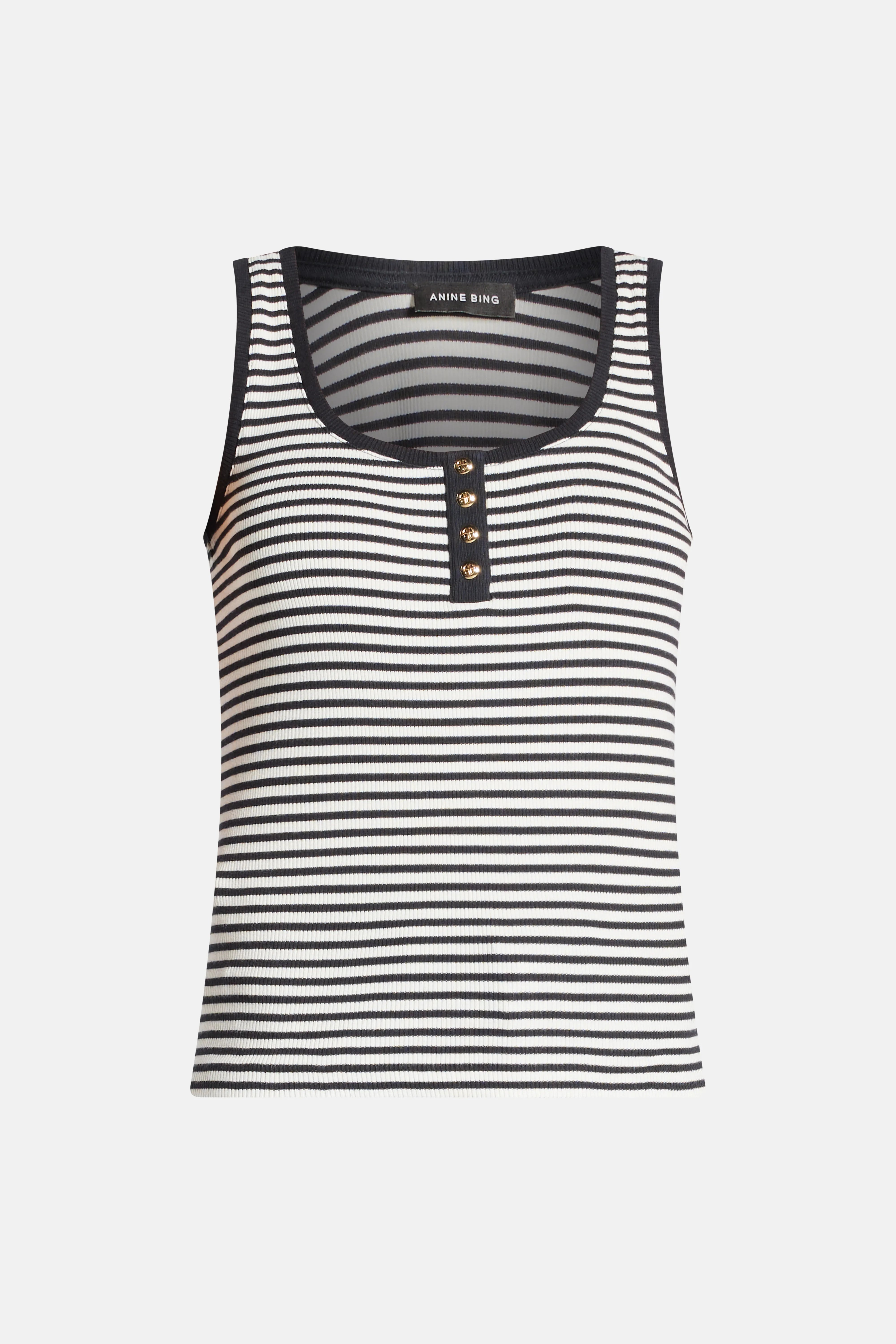 Alessia Stripes Sleeveless Cotton Spandex Tank Top in Black and White