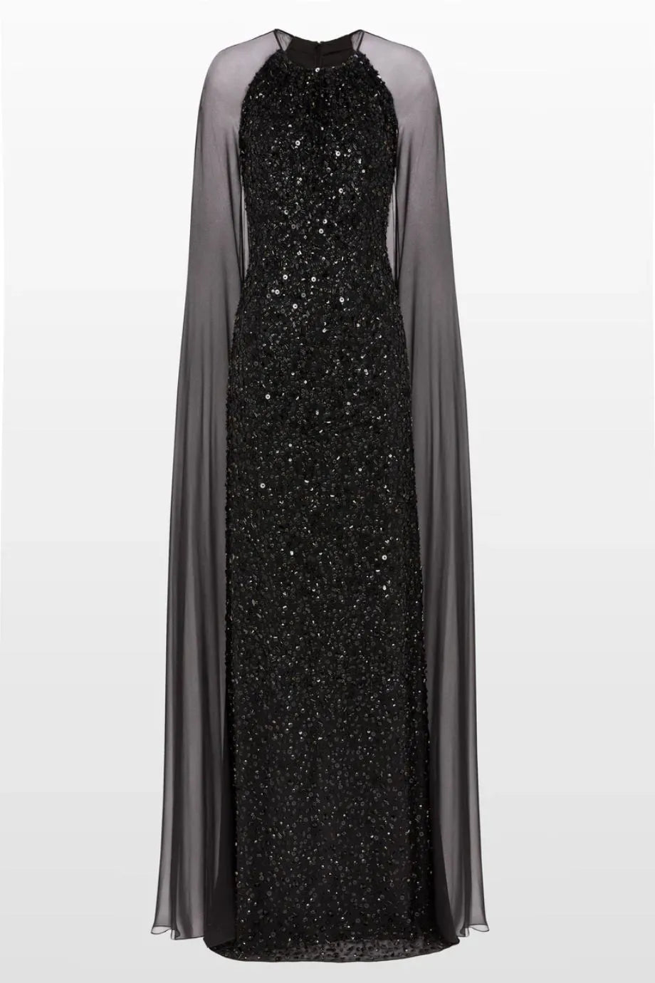 Elite Sequins Embellished Cape Evening Gown in Black