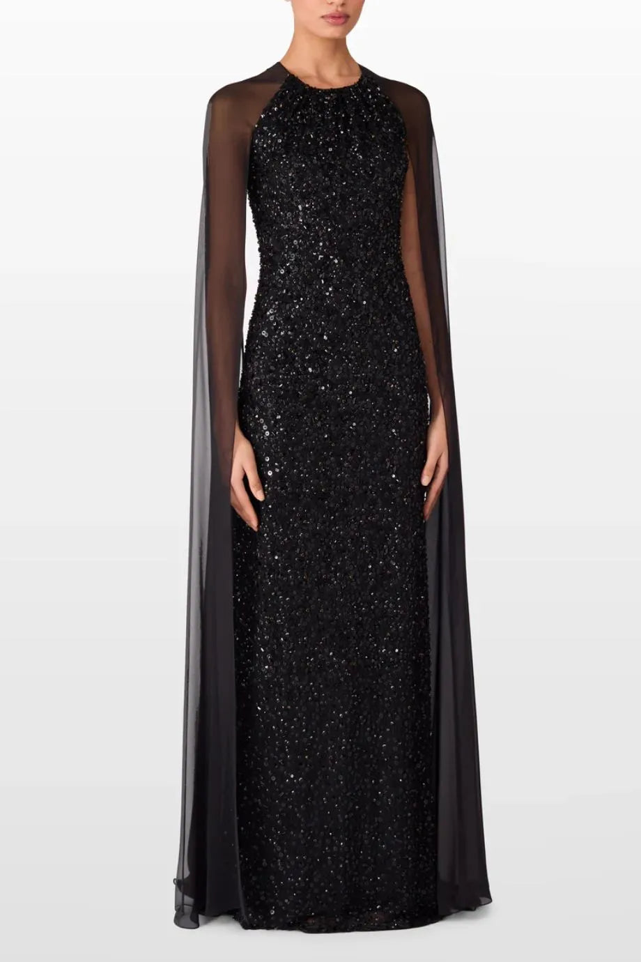Elite Sequins Embellished Cape Evening Gown in Black