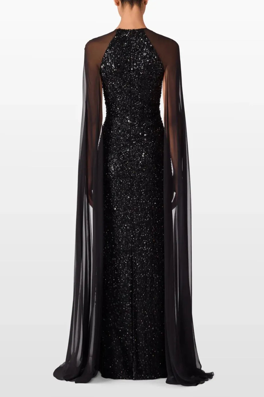 Elite Sequins Embellished Cape Evening Gown in Black