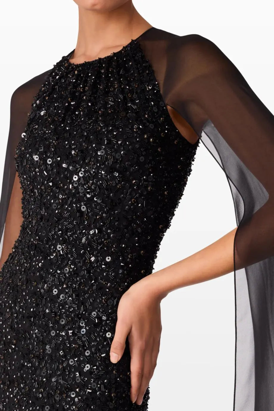 Elite Sequins Embellished Cape Evening Gown in Black