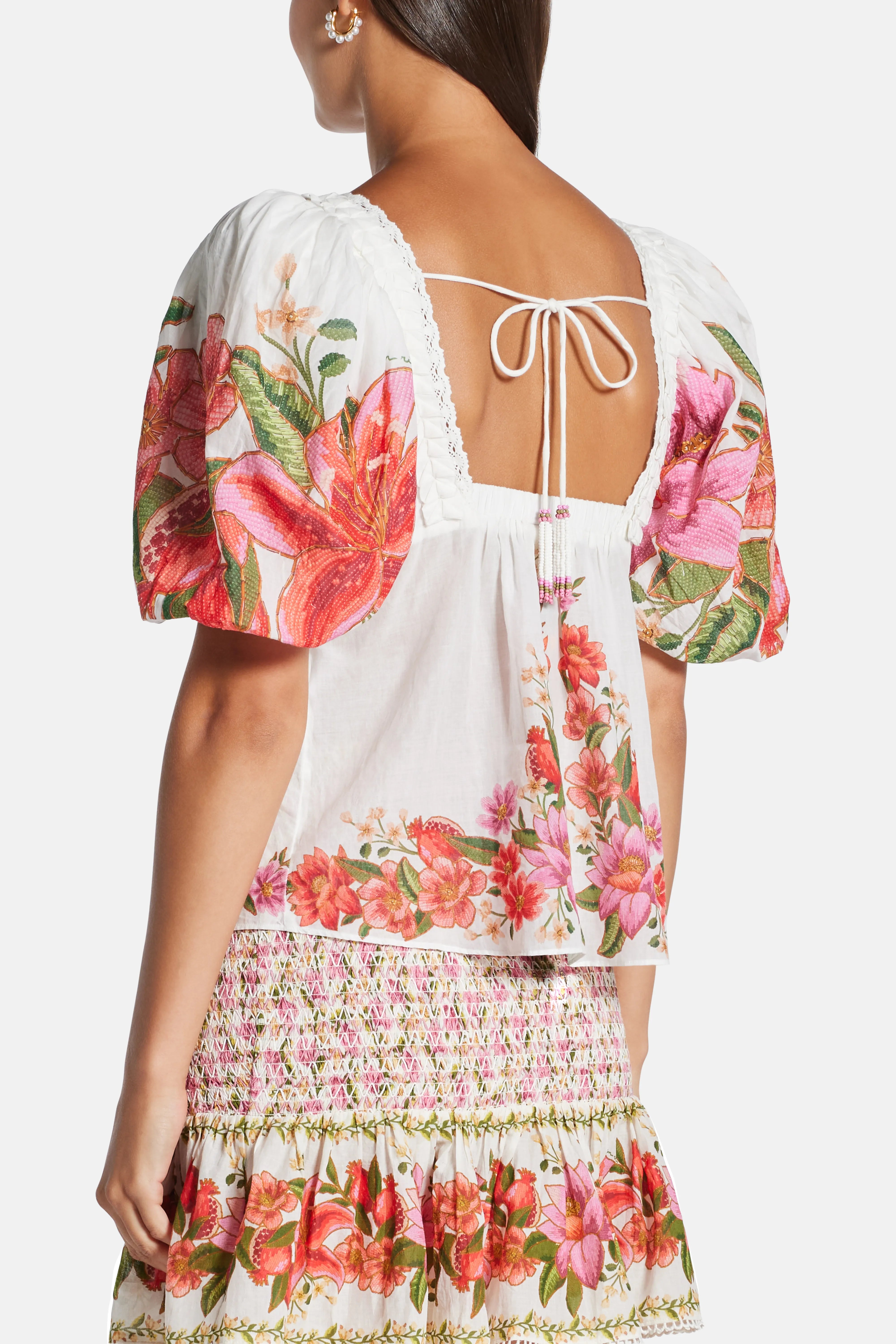 Summer Fruit Floral Cotton Blouse In White