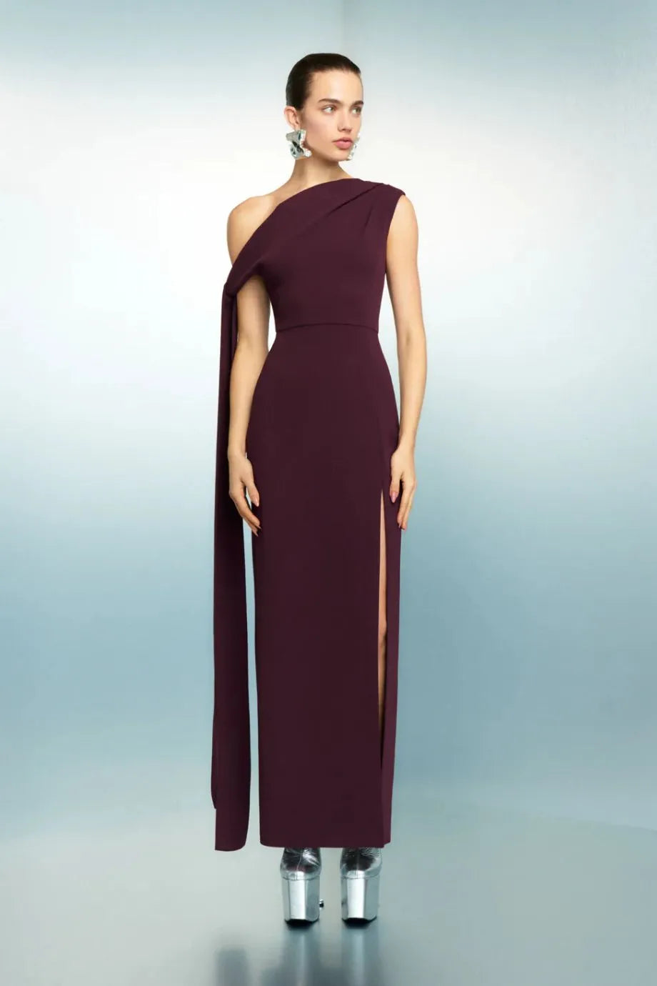 Irina One Shoulder Evening Dress in Burgundy