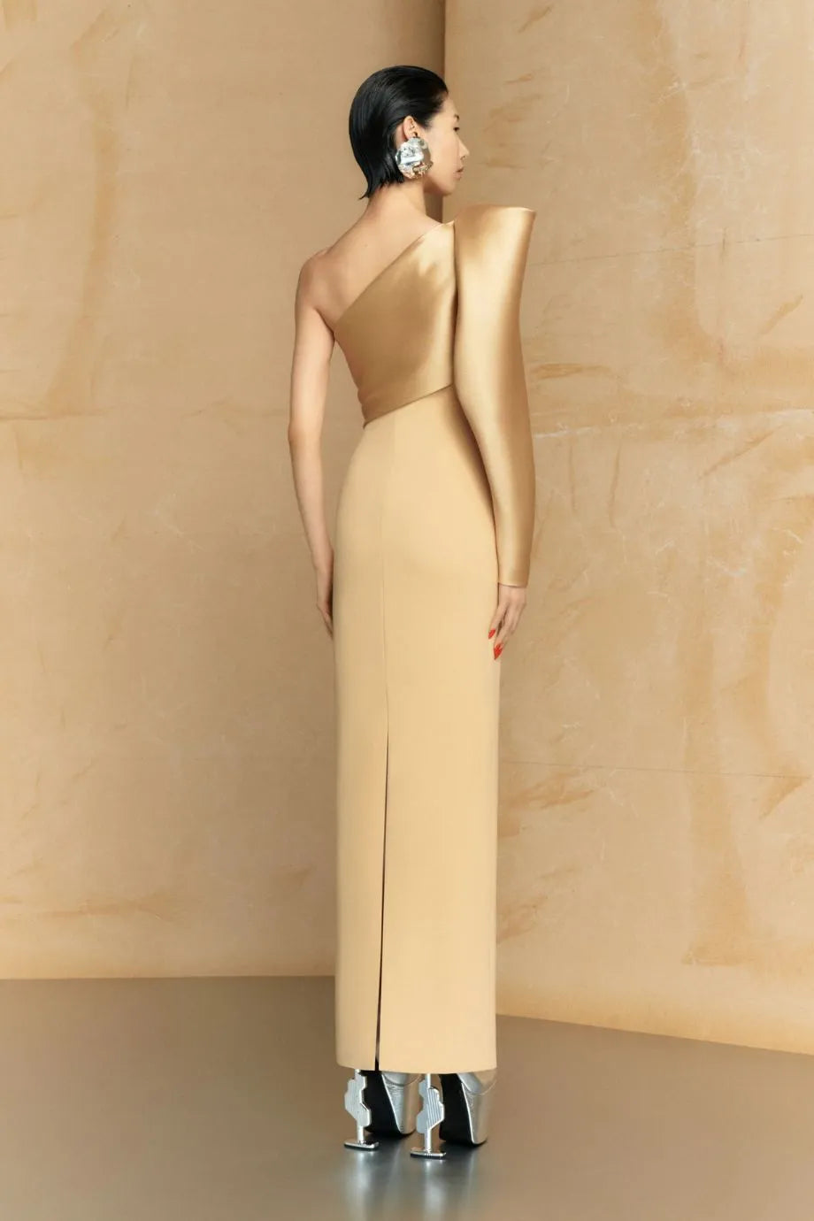 Tally One Shoulder Puff Sleeves Evening Dress in Beige