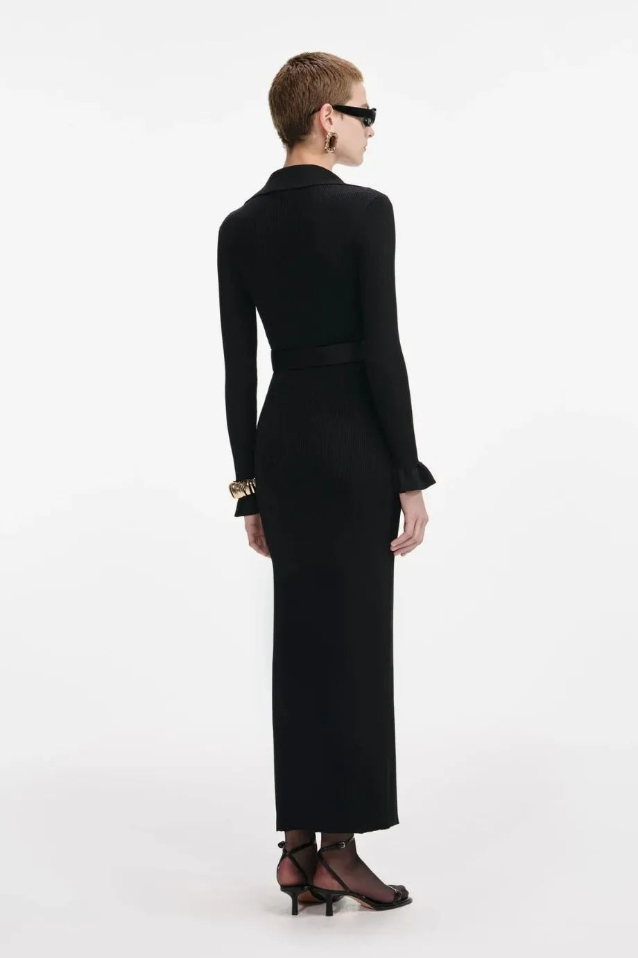 Ribbed Knit Belted Maxi Dress in Black
