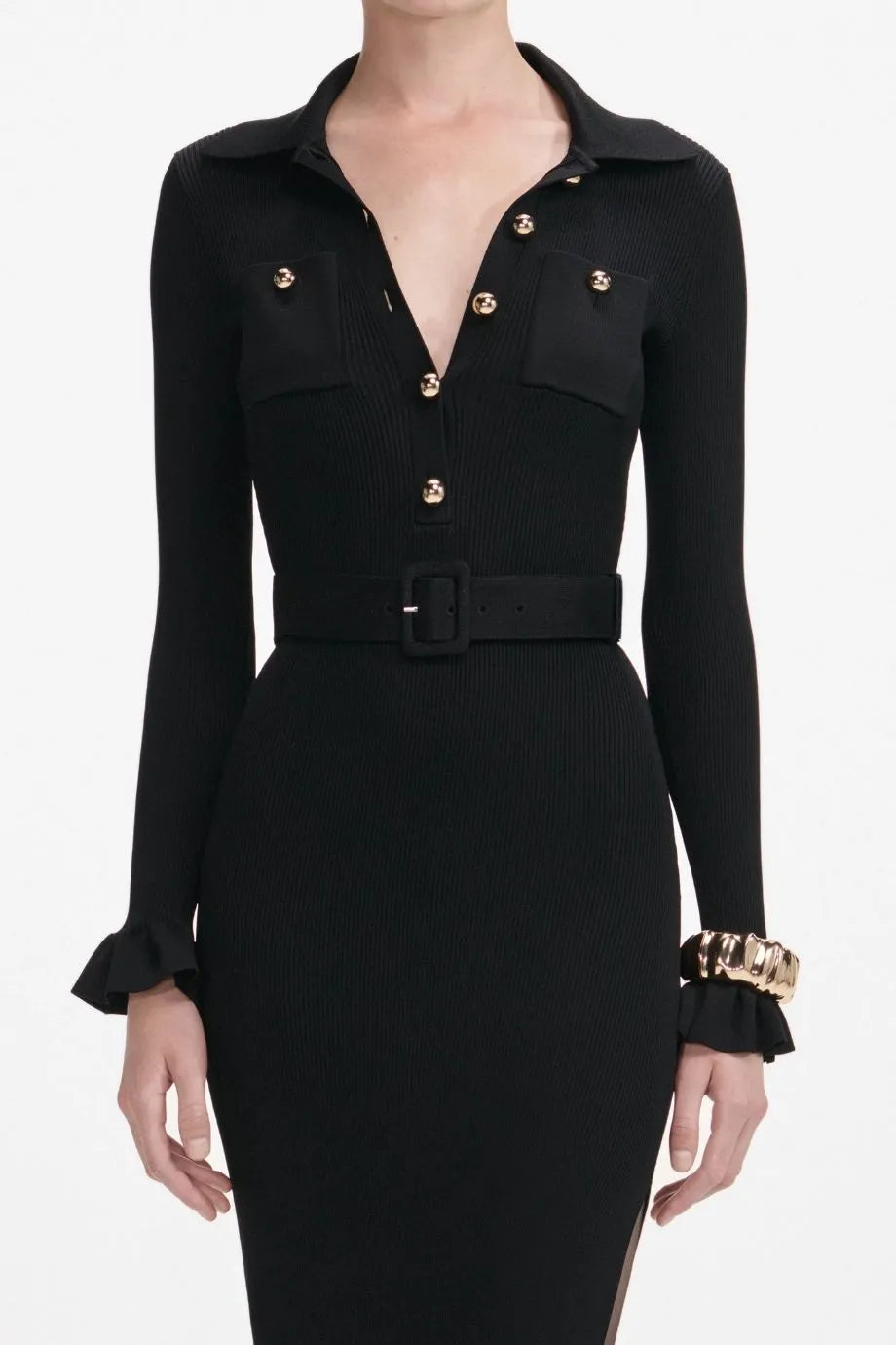 Ribbed Knit Belted Maxi Dress in Black