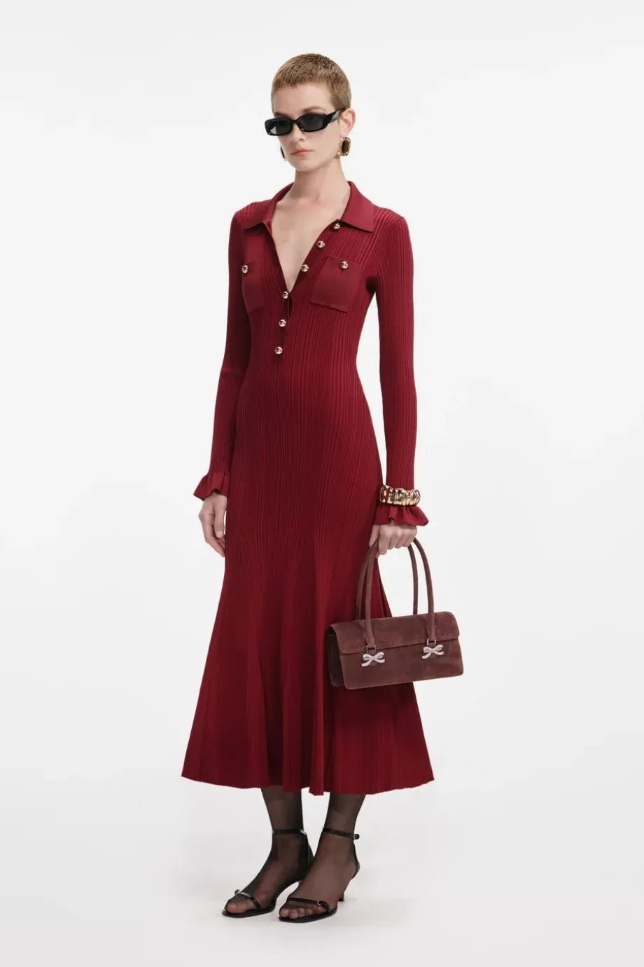 فستان ماكسي محبوك باللون البورجوندي