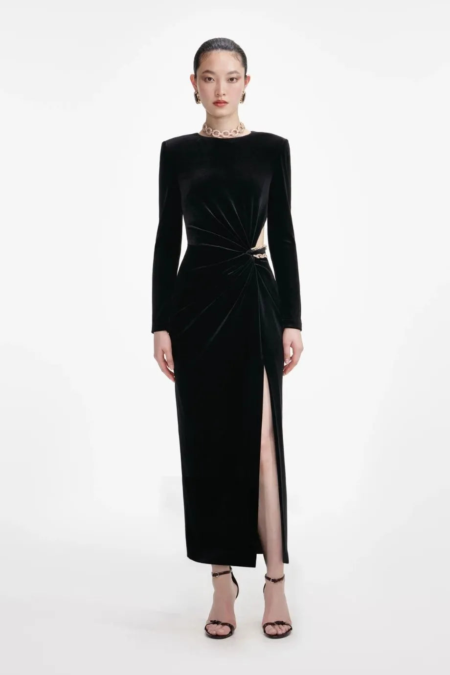 Velvet Embellished Waist Cut Out Evening Dress in Black