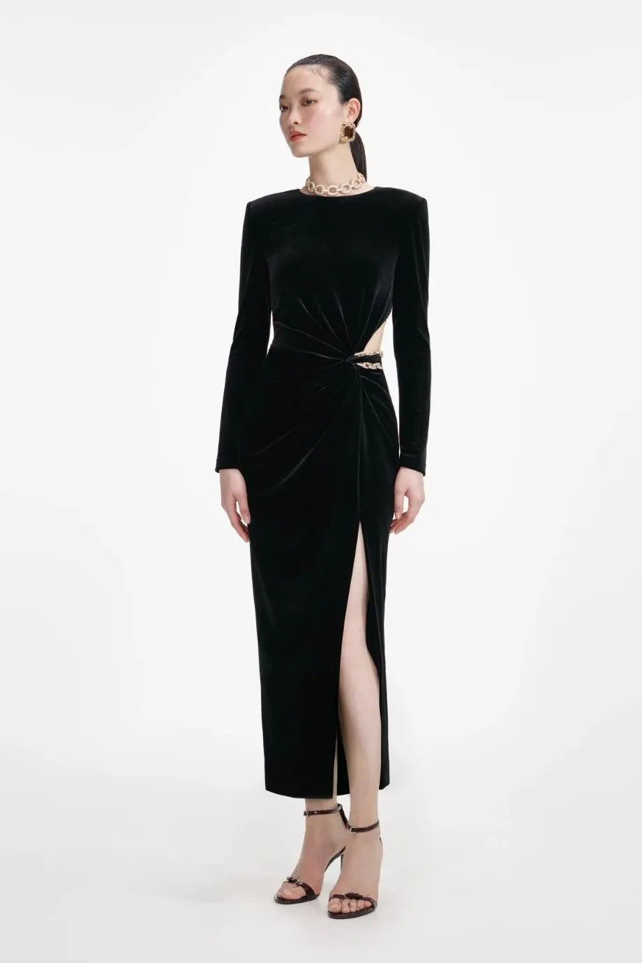 Velvet Embellished Waist Cut Out Evening Dress in Black