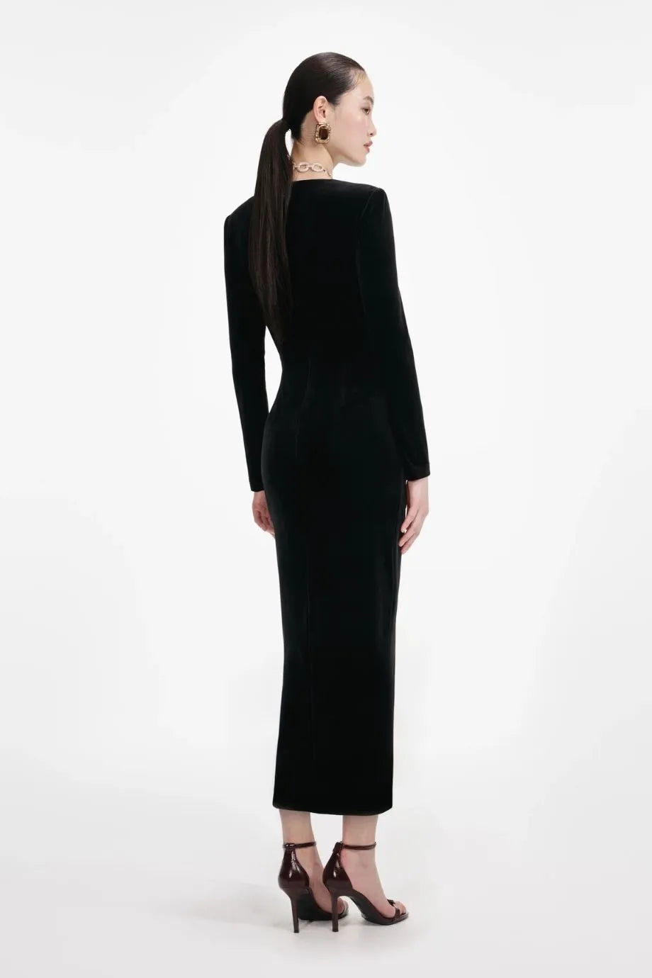 Velvet Embellished Waist Cut Out Evening Dress in Black