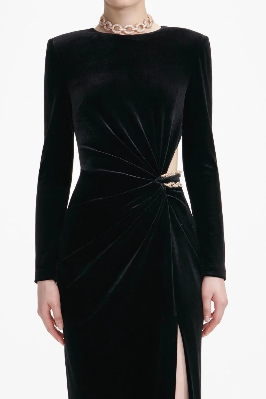 Velvet Embellished Waist Cut Out Evening Dress in Black