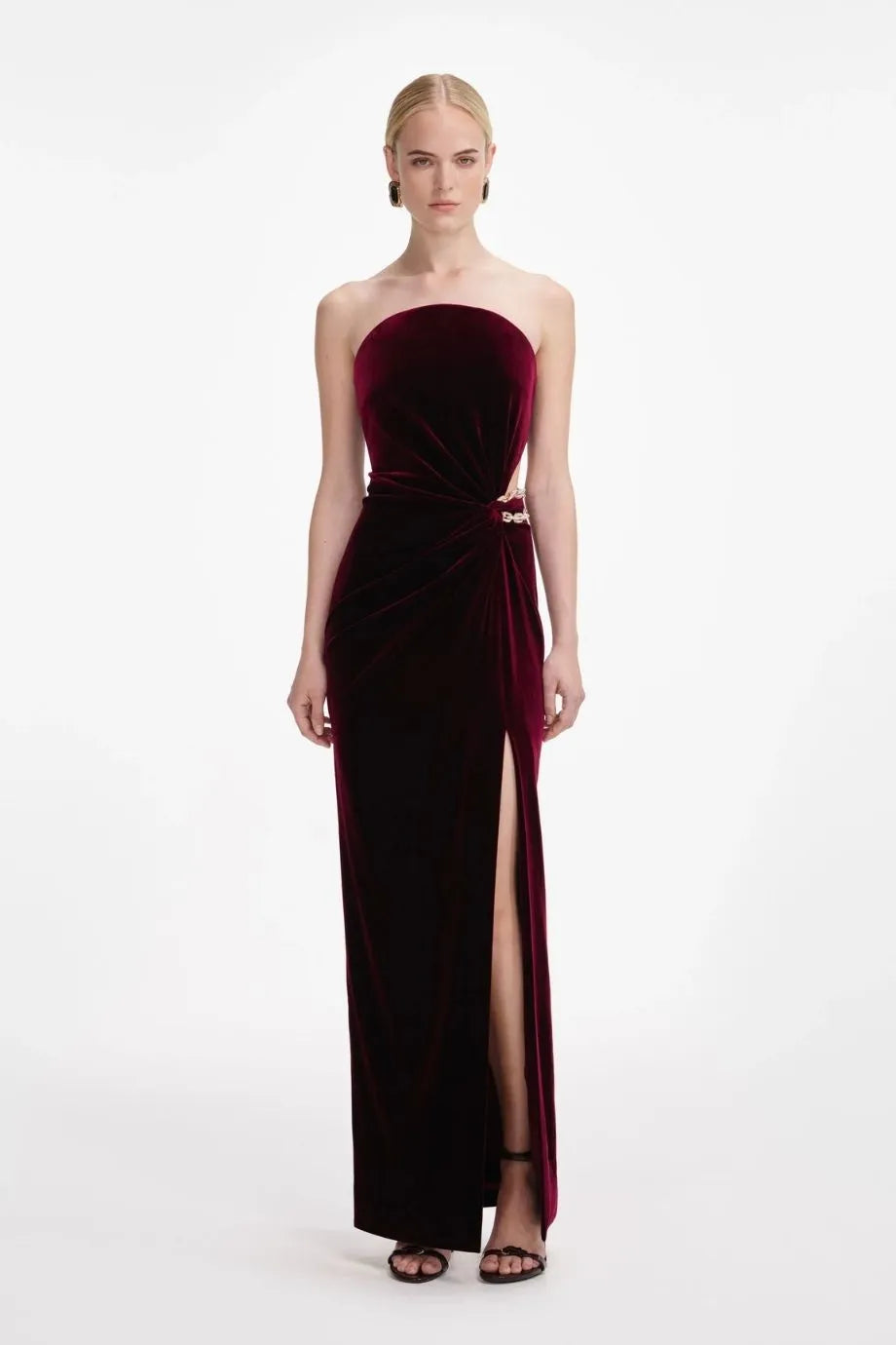 Velvet Bandeau Evening Dress in Burgundy