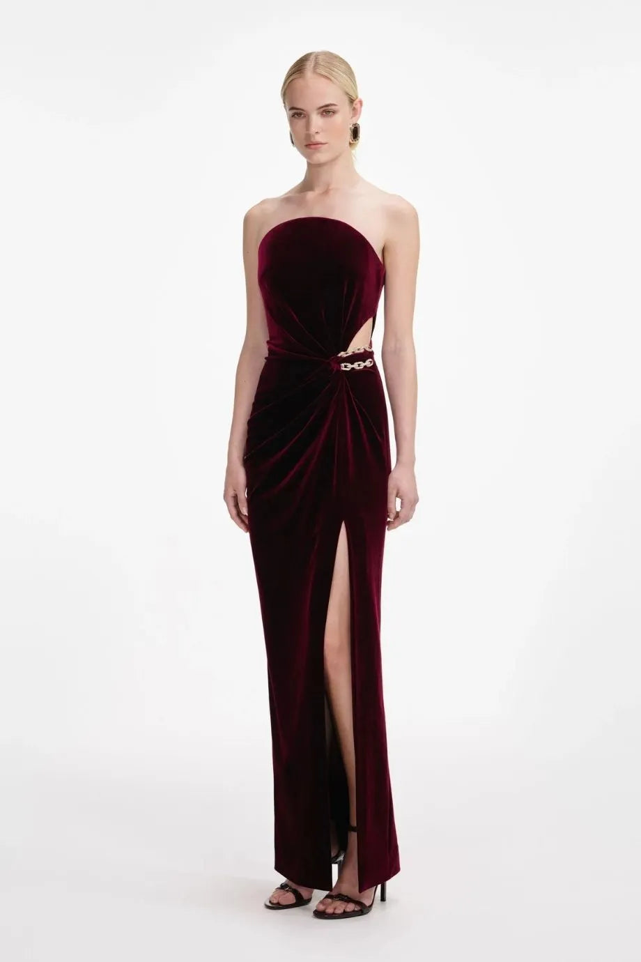 Velvet Bandeau Evening Dress in Burgundy