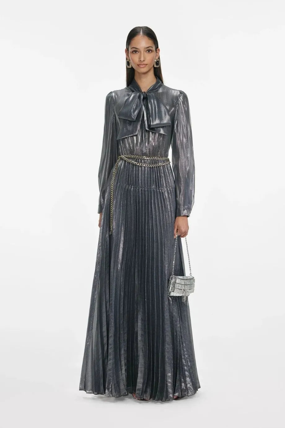 Metallic Pussy Bow Pleated Maxi Dress in Grey