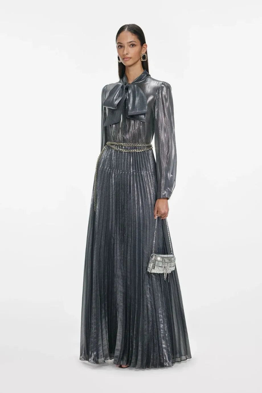 Metallic Pussy Bow Pleated Maxi Dress in Grey