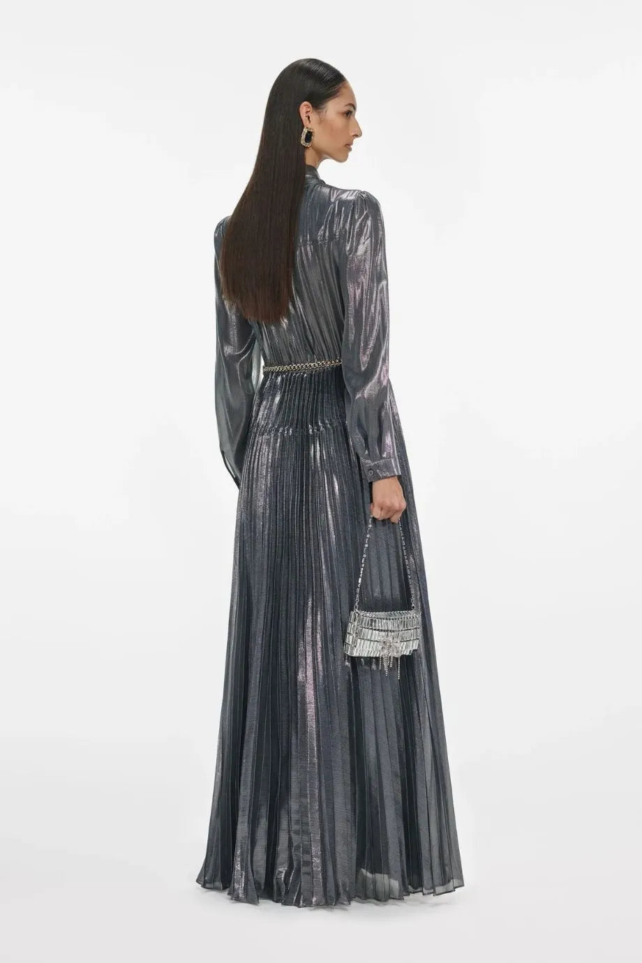 Metallic Pussy Bow Pleated Maxi Dress in Grey
