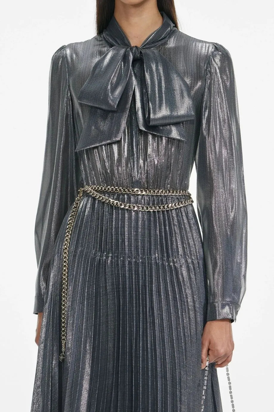 Metallic Pussy Bow Pleated Maxi Dress in Grey