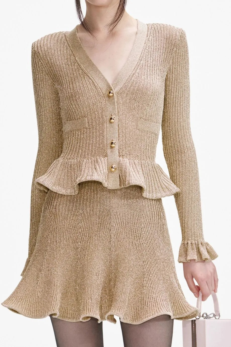 Lurex Peplum Knit Mini Dress in Gold