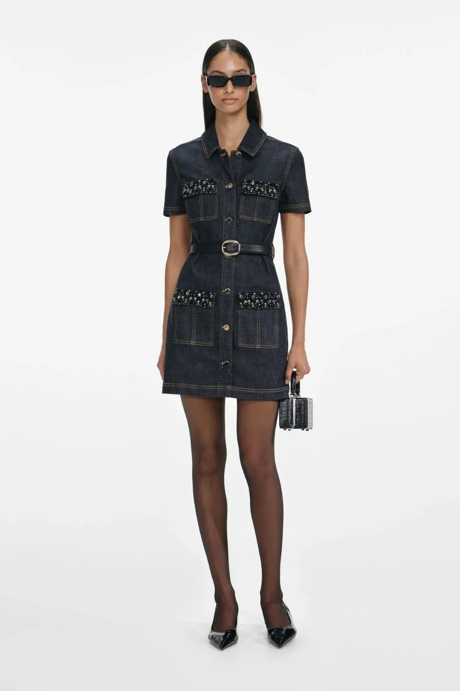 Indigo Denim Crystal Trim Belted Mini Dress in Blue