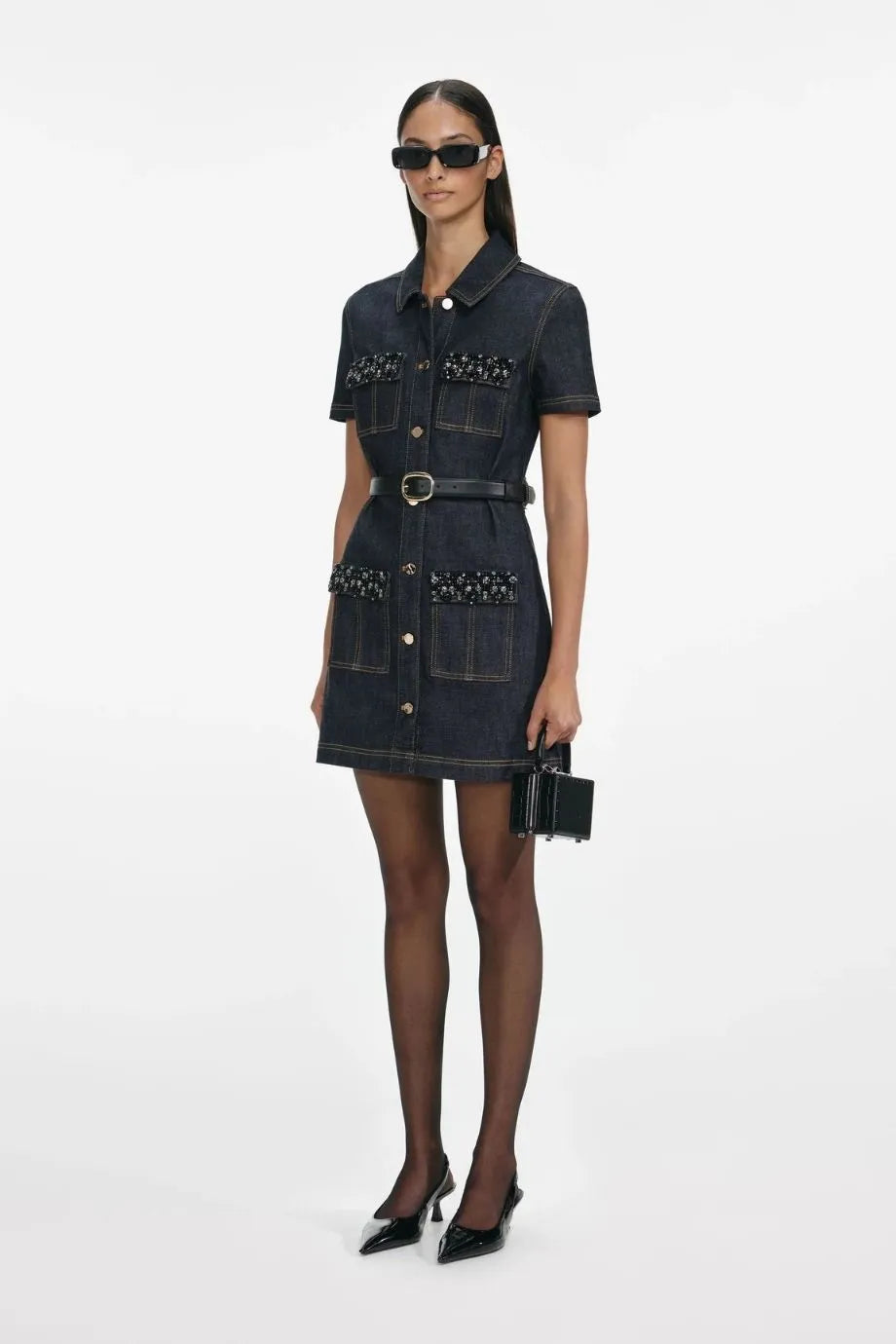 Indigo Denim Crystal Trim Belted Mini Dress in Blue