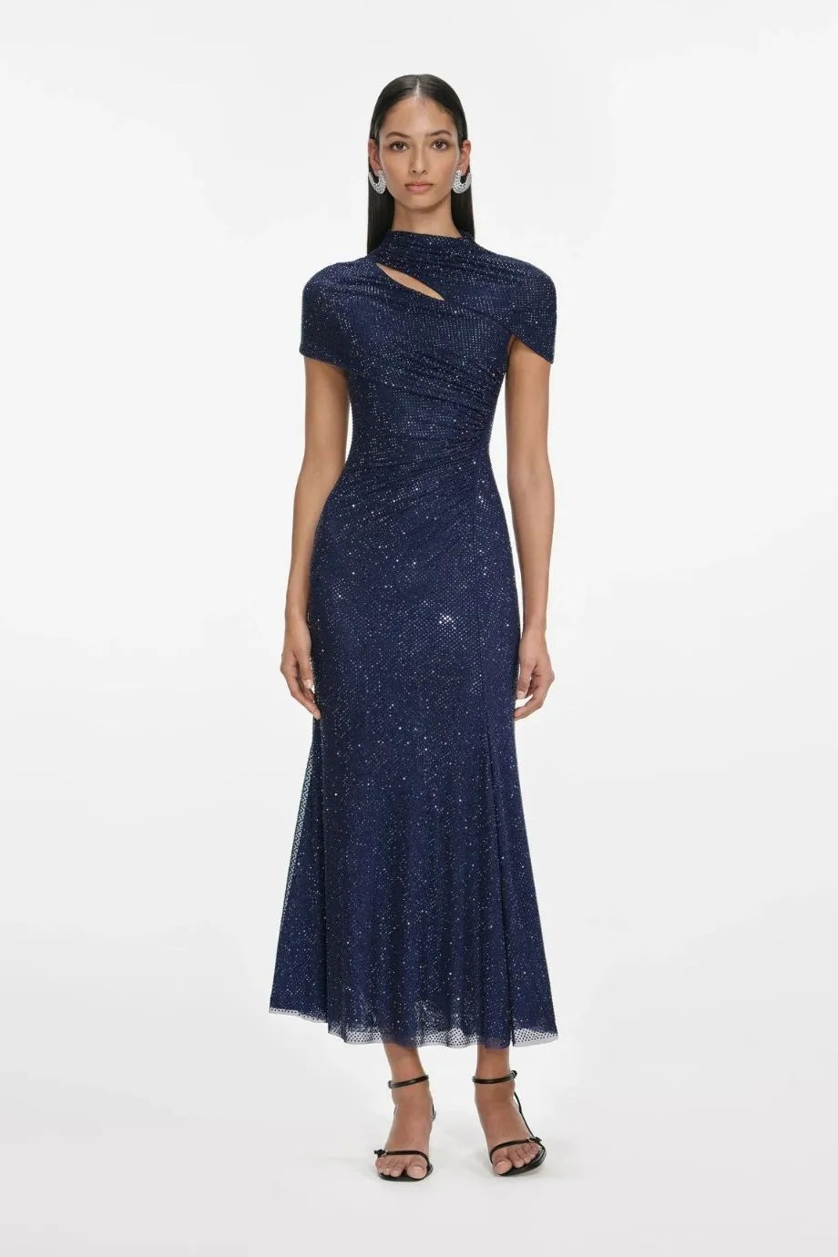 Rhinestone Mesh Cut Out Evening Dress in Blue